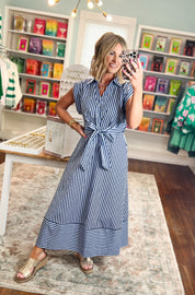 Let's Meet Later Striped Midi Dress - Navy