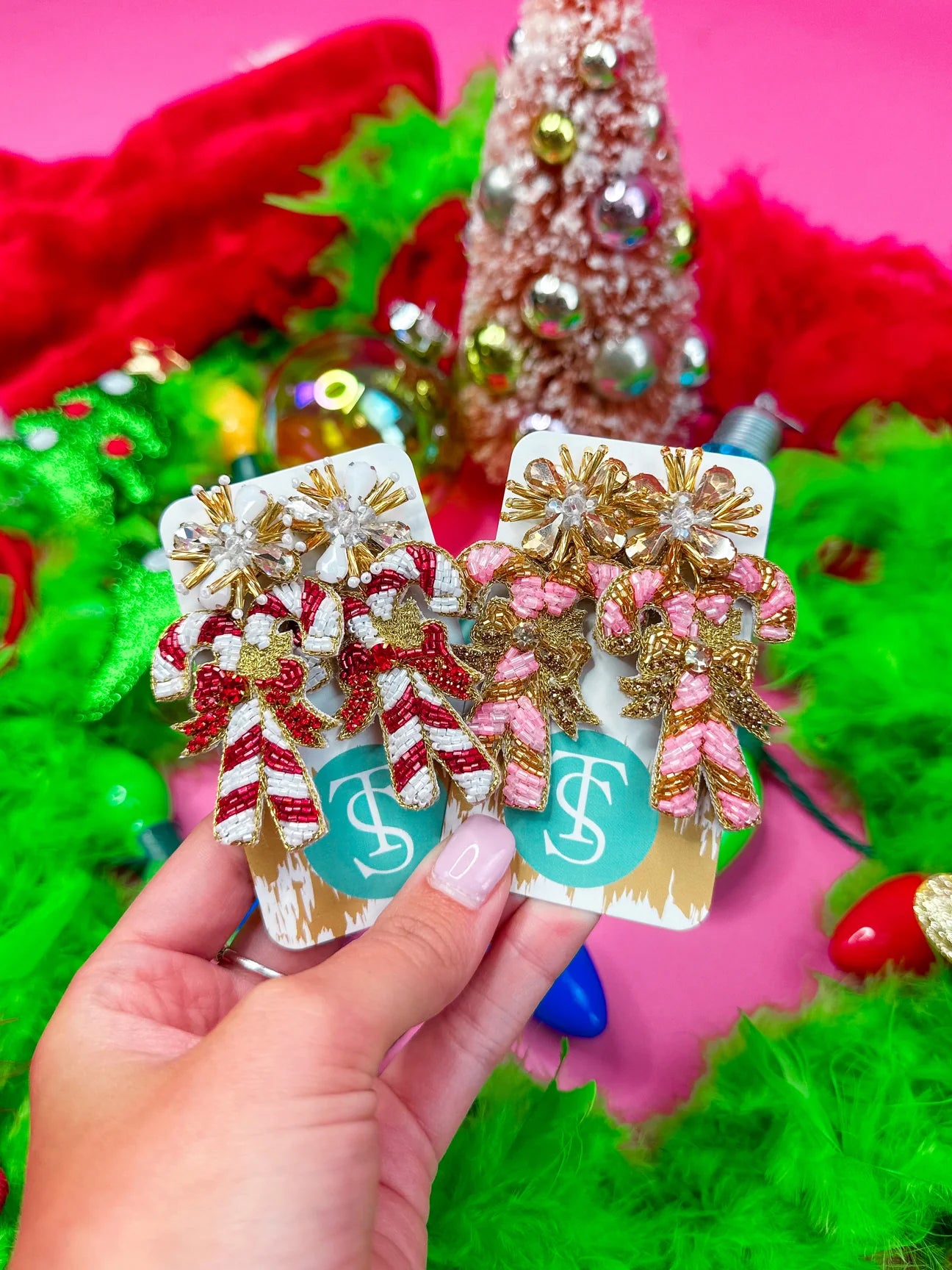 Beaded Candy Cane Drop Earrings