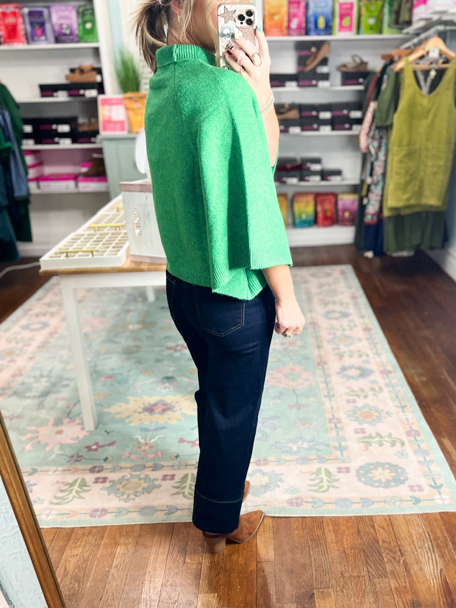 Emerald mock neck knit sweater with side drape