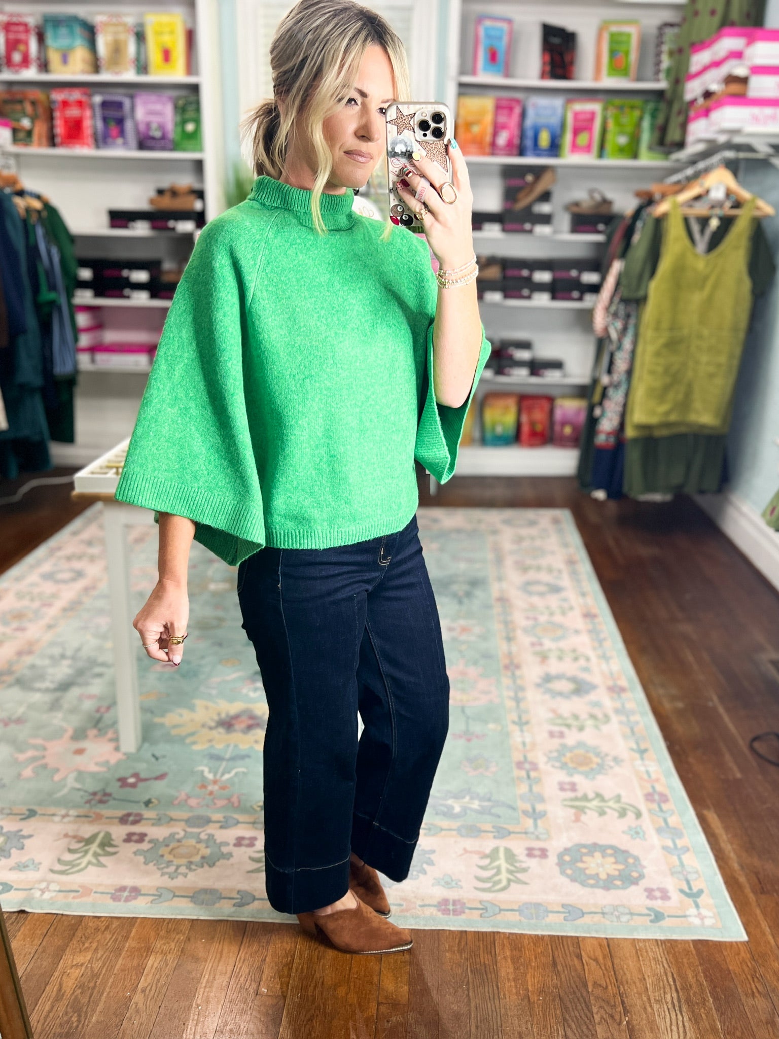 Emerald mock neck sweater, draped knit with short sleeves