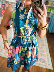 Painted Petals Crochet Trim Mini Dress