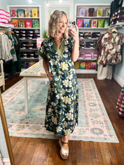 Think Pretty Floral Midi Dress - Teal Green