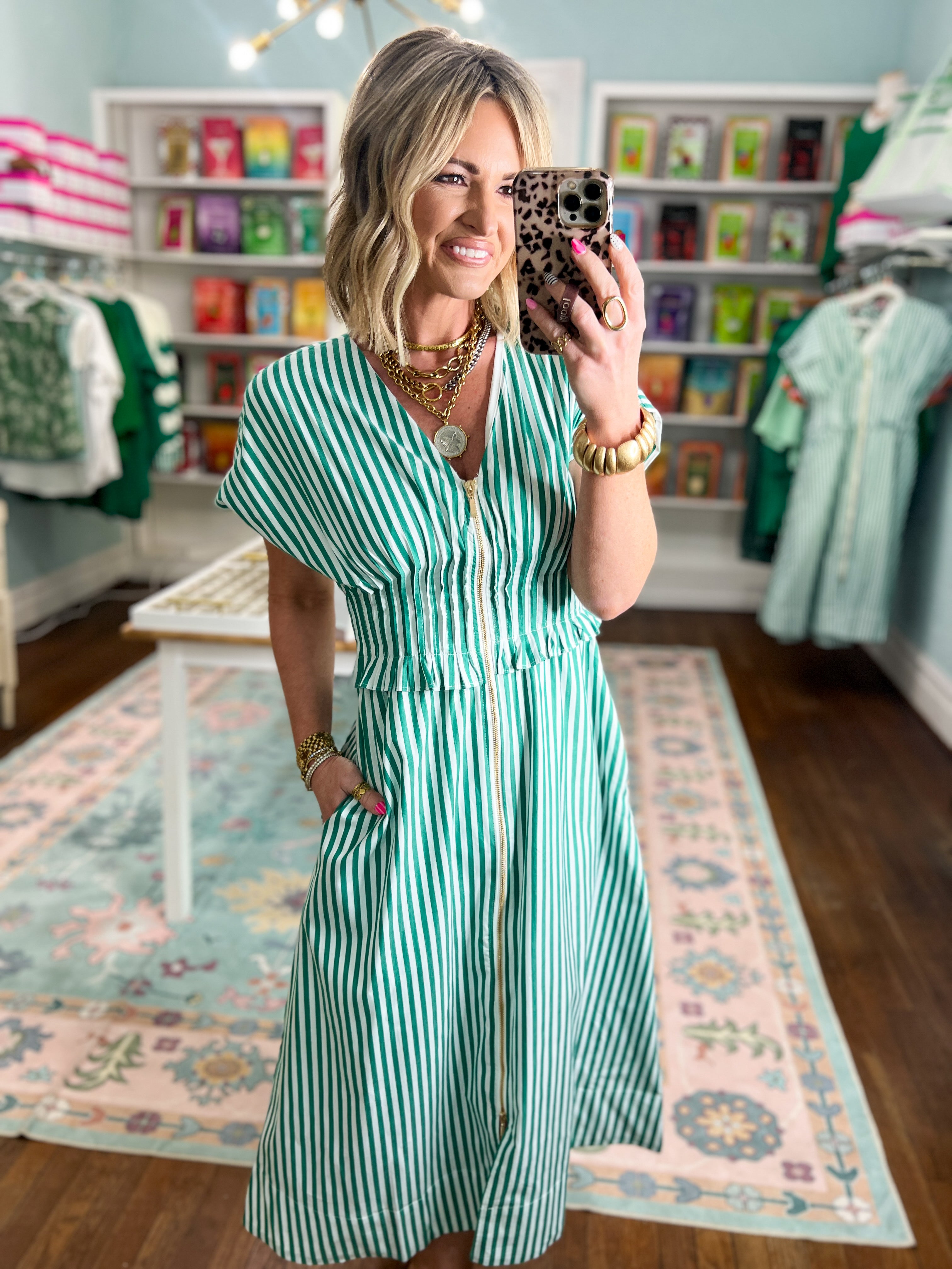 Seaside Striped Zip Midi Dress - Green