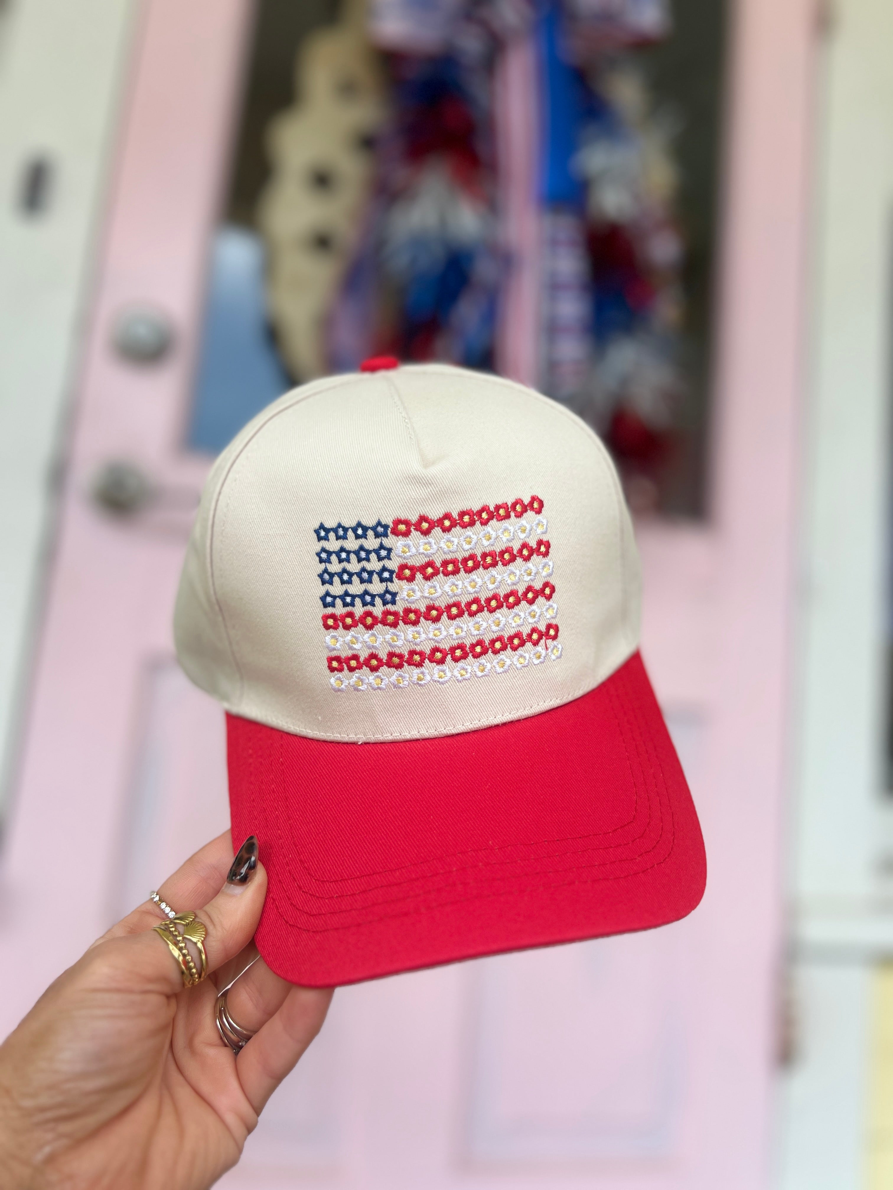 Star Floral American Flag Two Tone Cotton Hat - Red