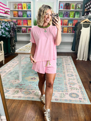 New Days Striped Knit Top and Shorts Set - Candy Pink/Matcha