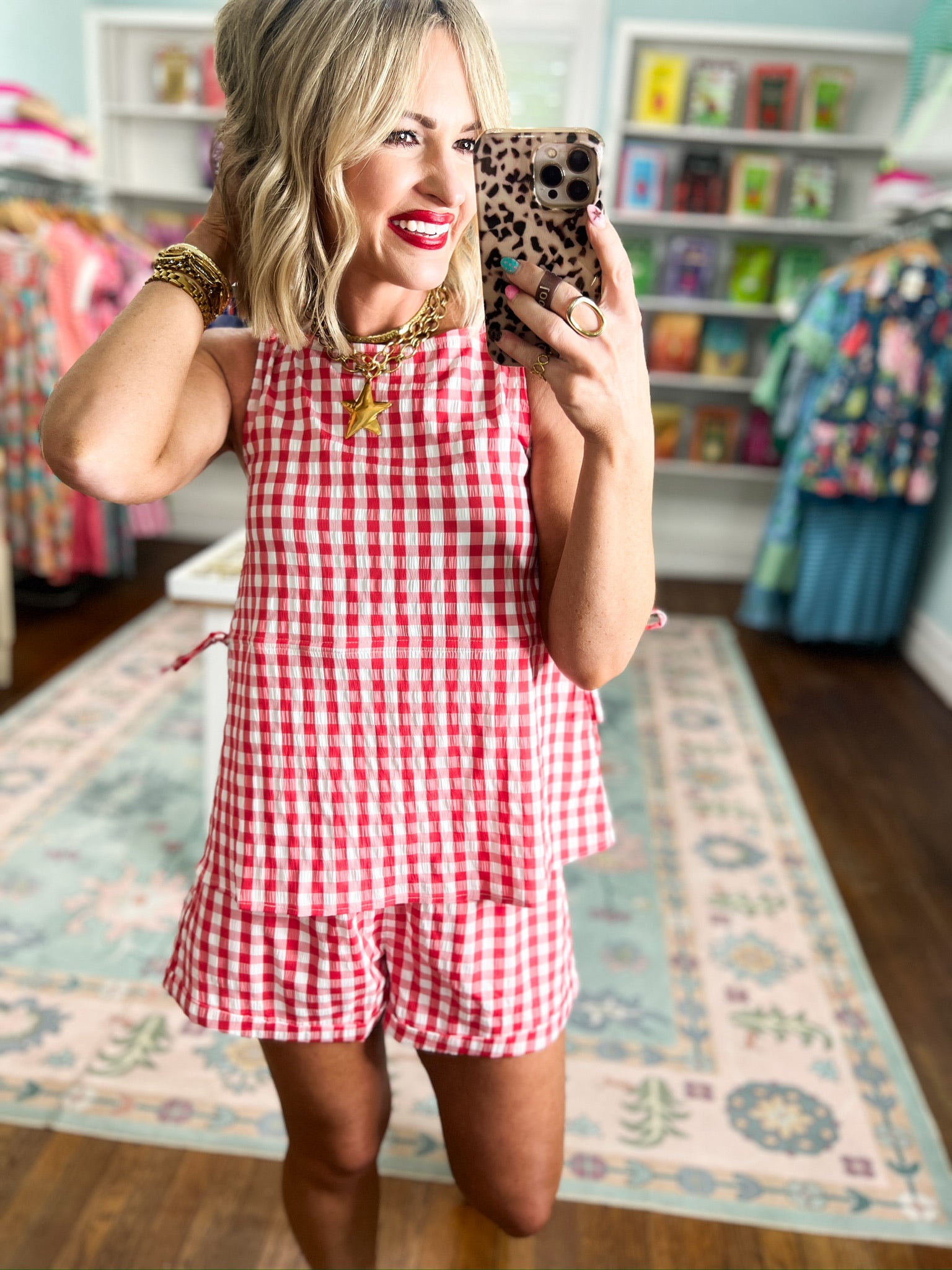 Live the Life Gingham Shorts Set -Red