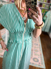 Seaside Striped Zip Midi Dress - Green
