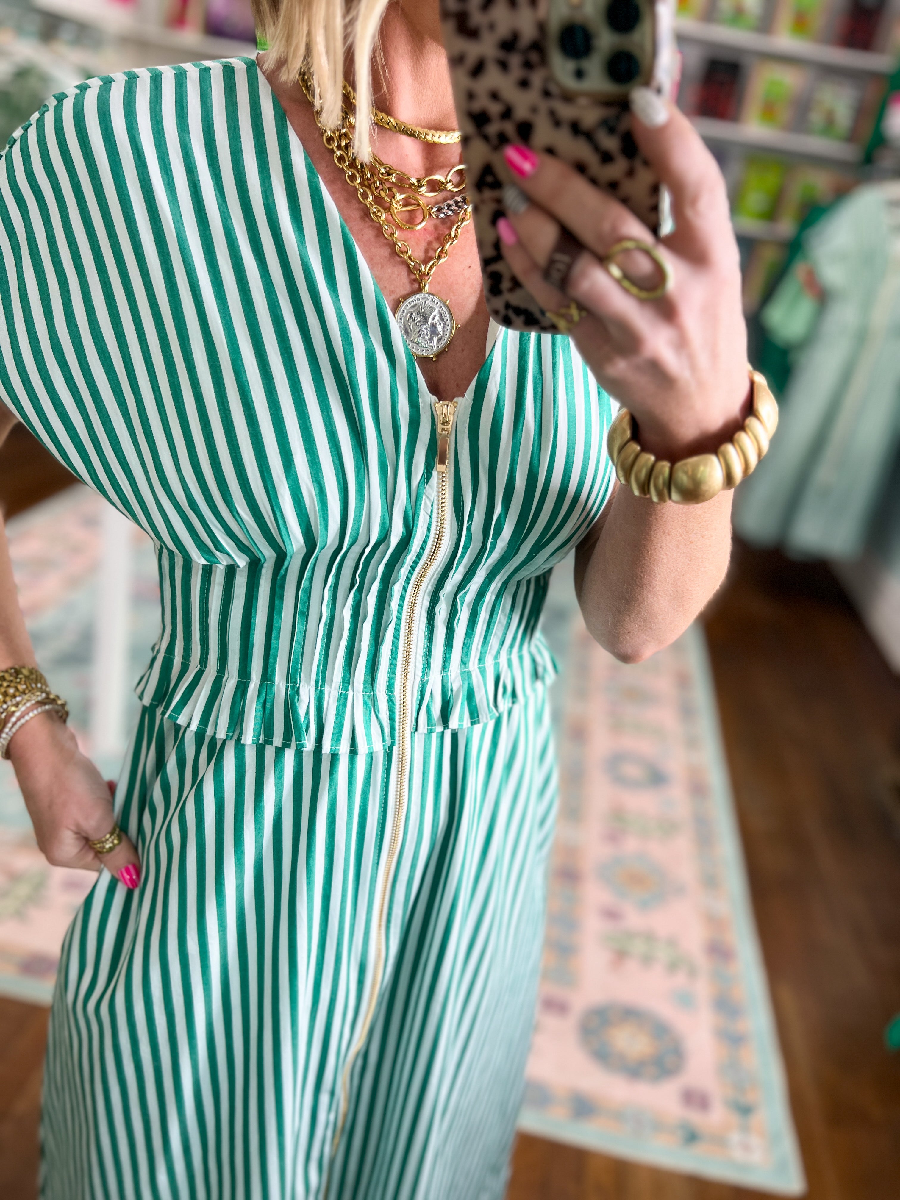 Seaside Striped Zip Midi Dress - Green