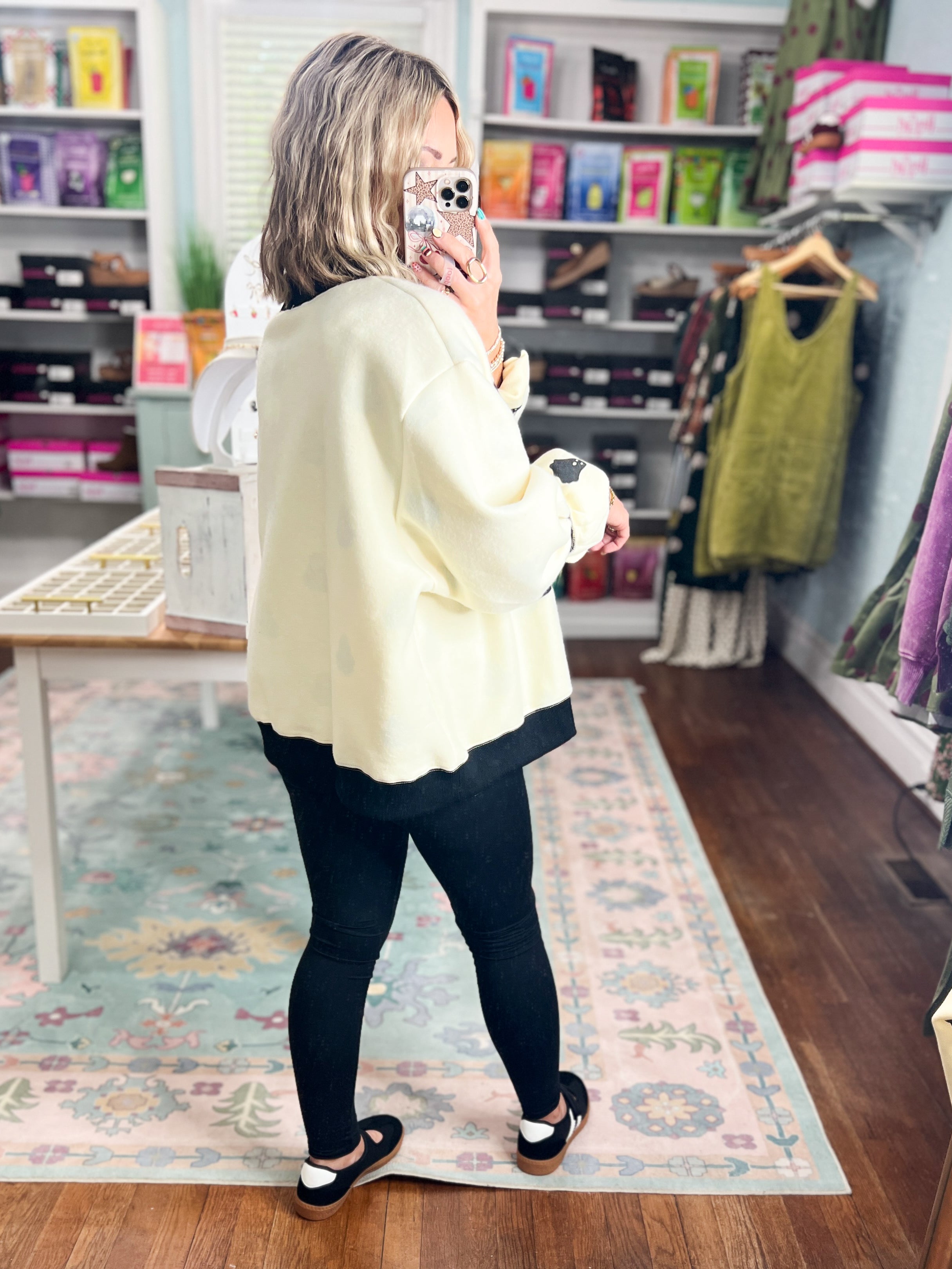 Reversible Boo Printed Fleeced French Terry Mock Neck Sweatshirt