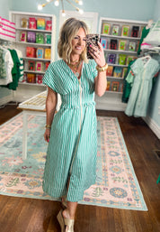 Seaside Striped Zip Midi Dress - Green