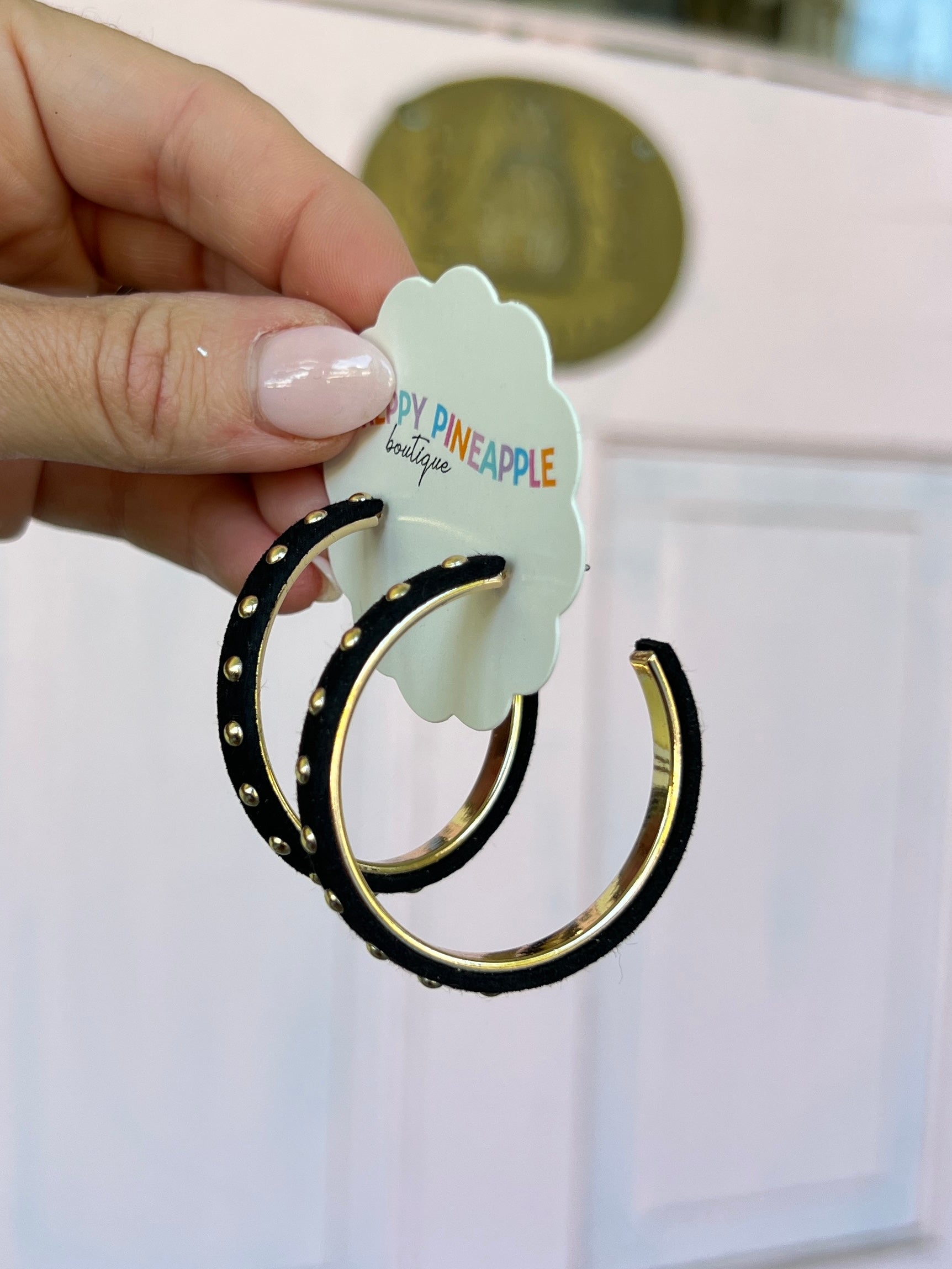 Metal Studded Leather Lined Hoops - Black