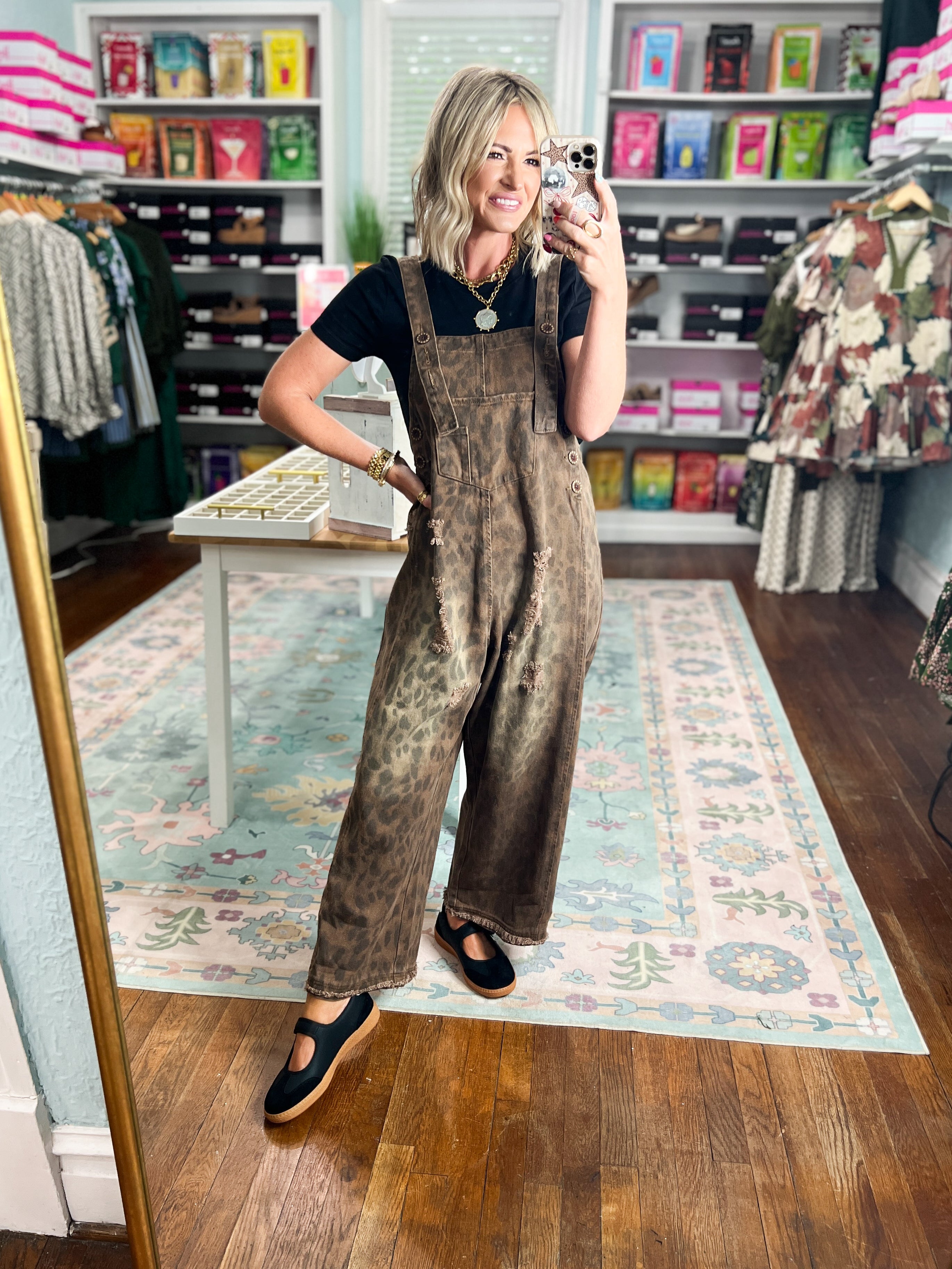 Feline Fine animal-print denim overalls, wide pant legs with allover cat-like pattern