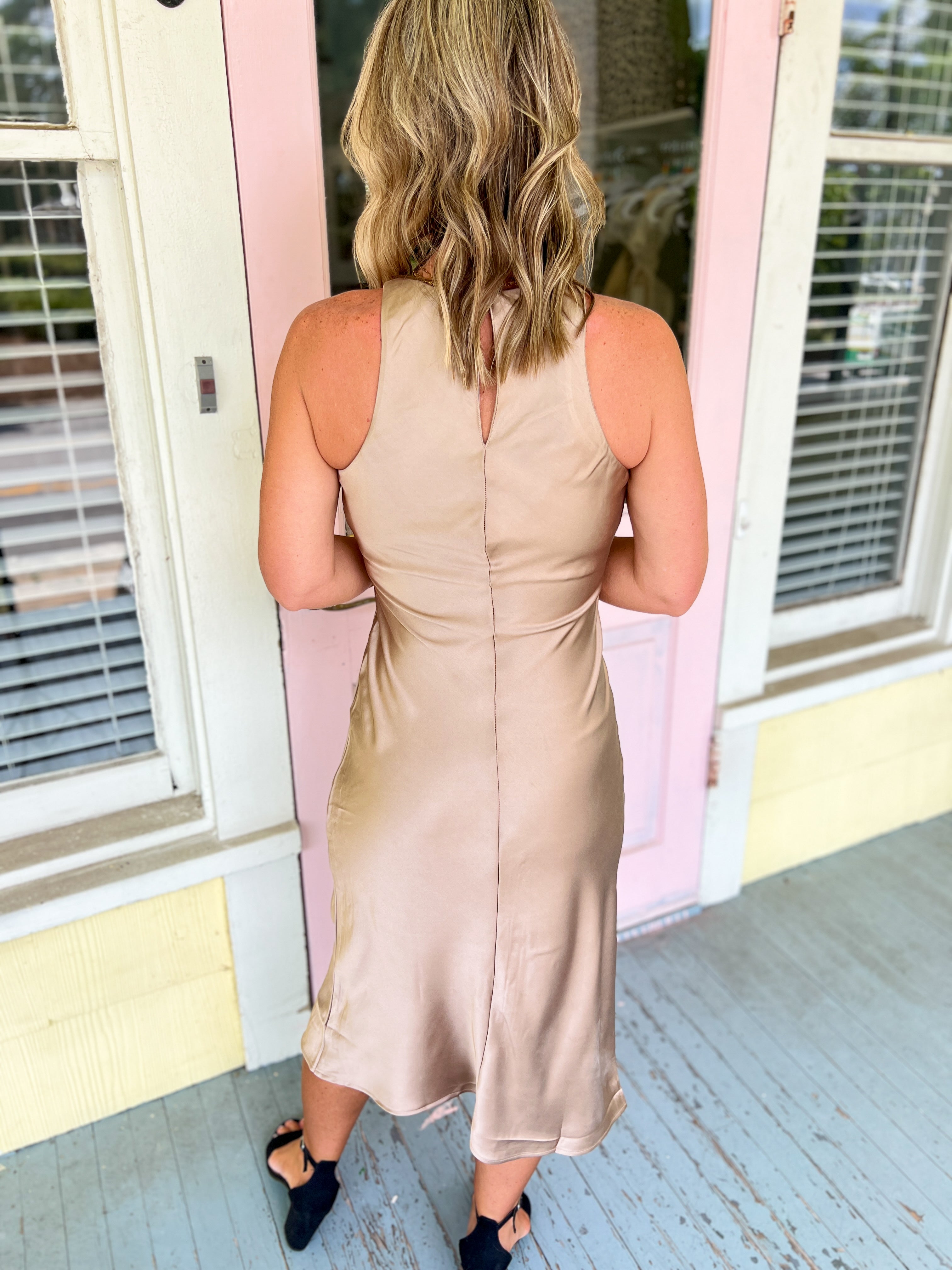 Glamorous Moments Satin Midi Dress - Dark Taupe
