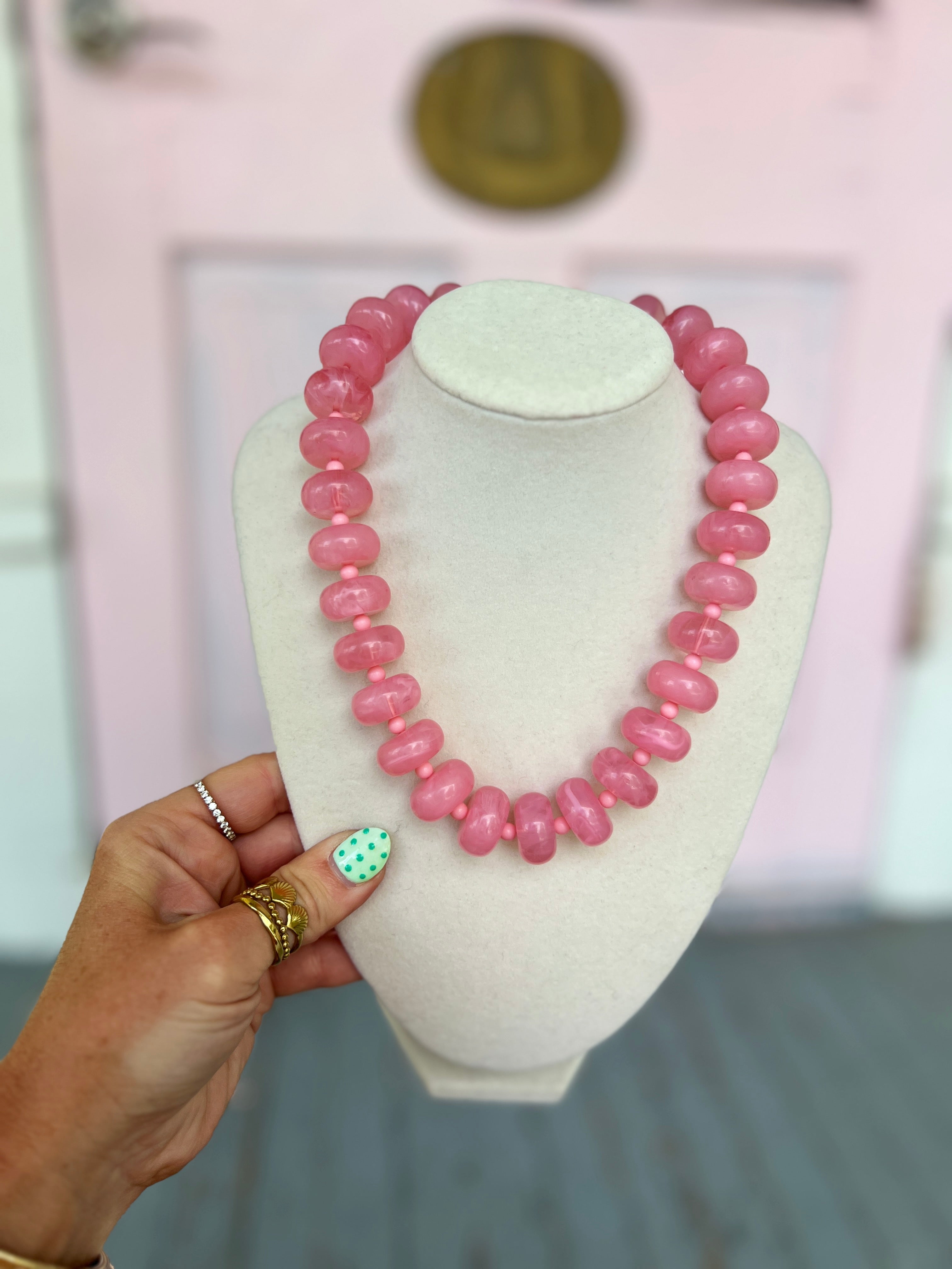 Chunky Marble Bead Necklace - Pink
