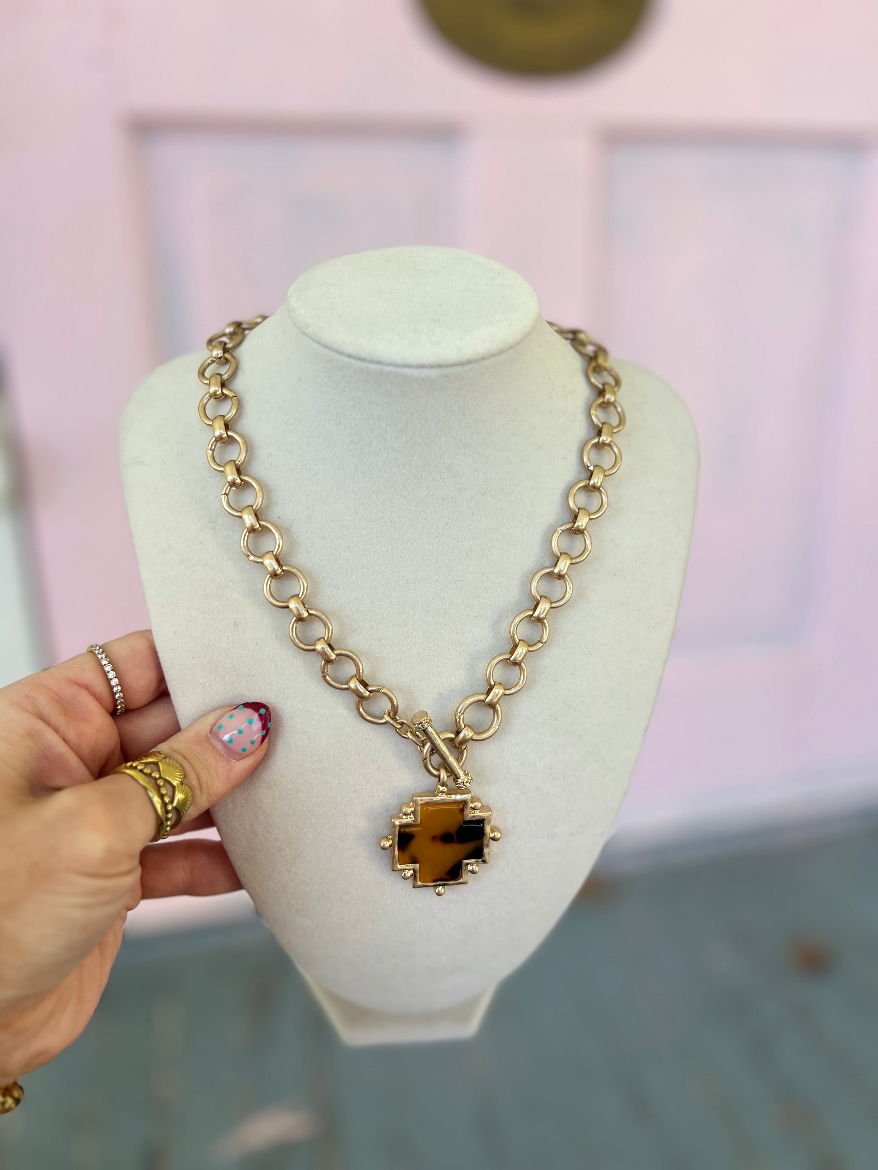 Studded Acetate Cross Necklace Set - Tortoise/Vintage Gold