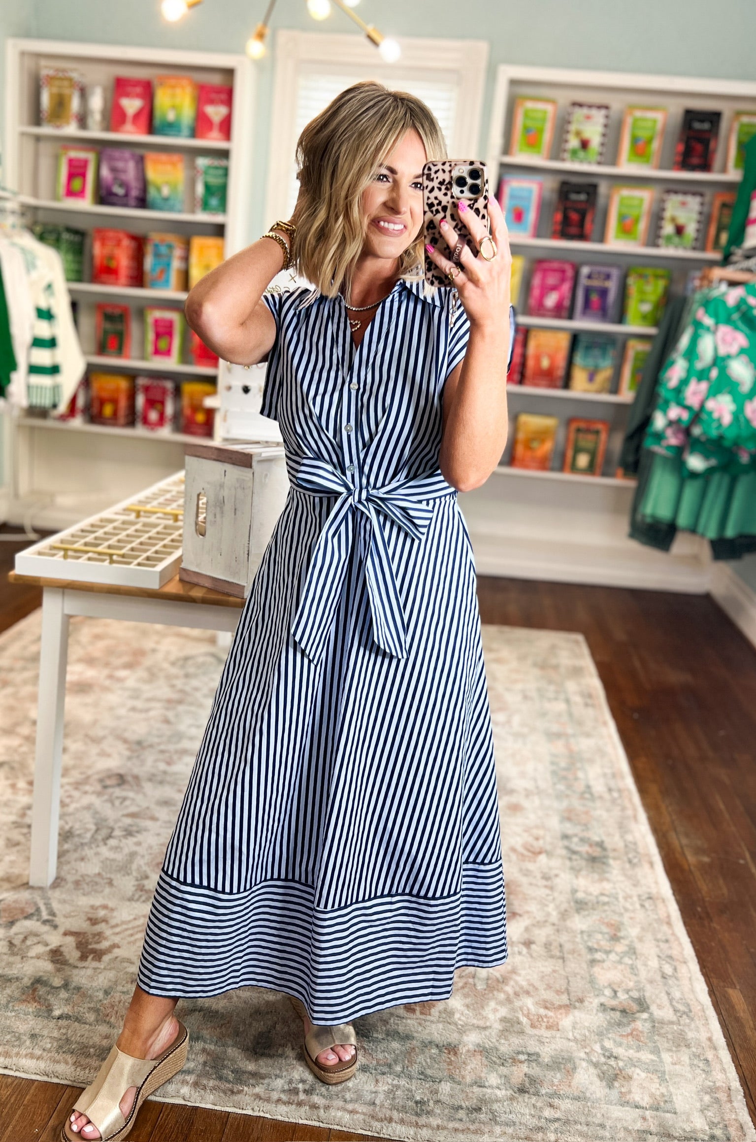 Let's Meet Later Striped Midi Dress - Navy