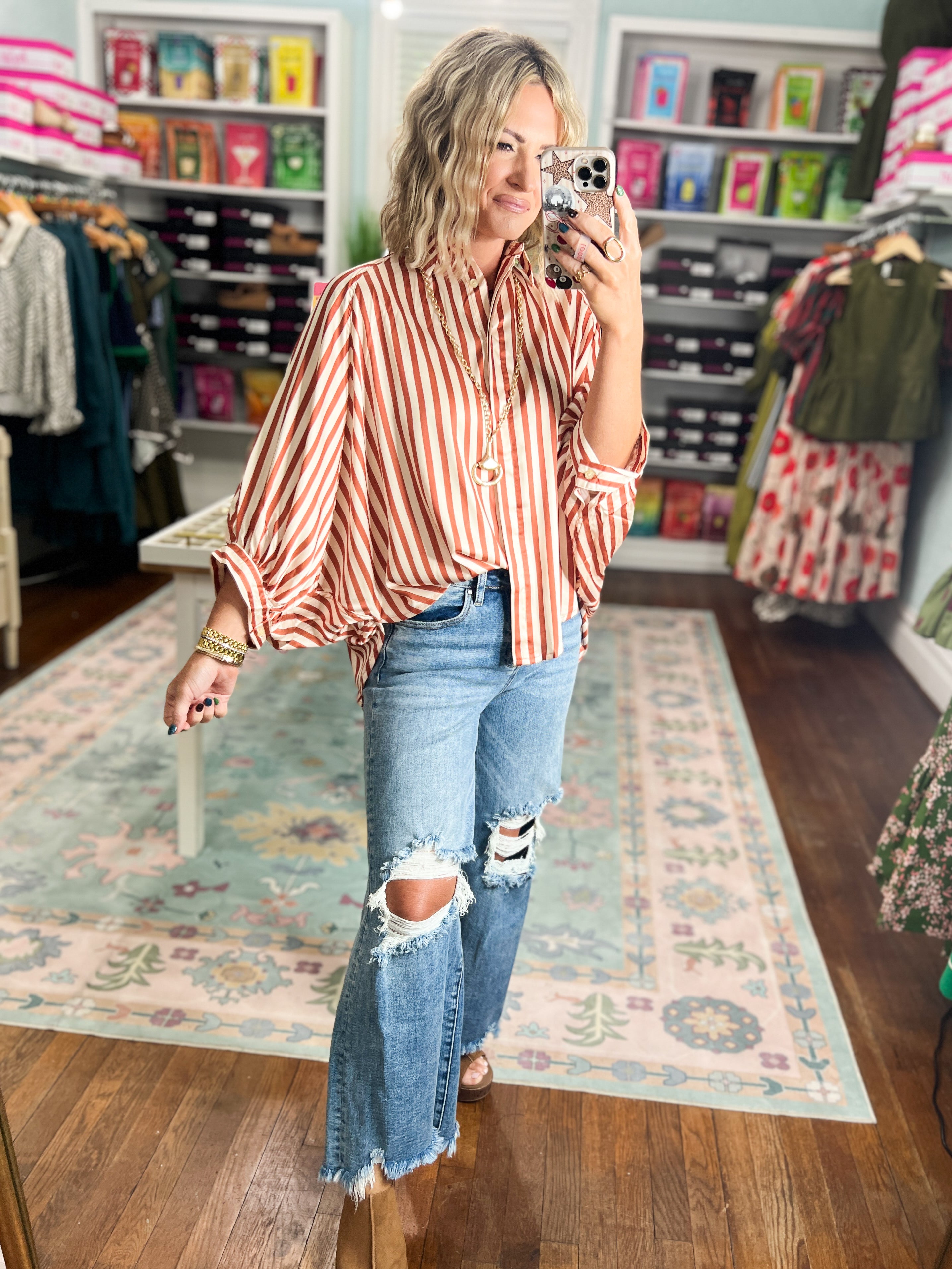 Striped and Styled Button Down Top - Camel