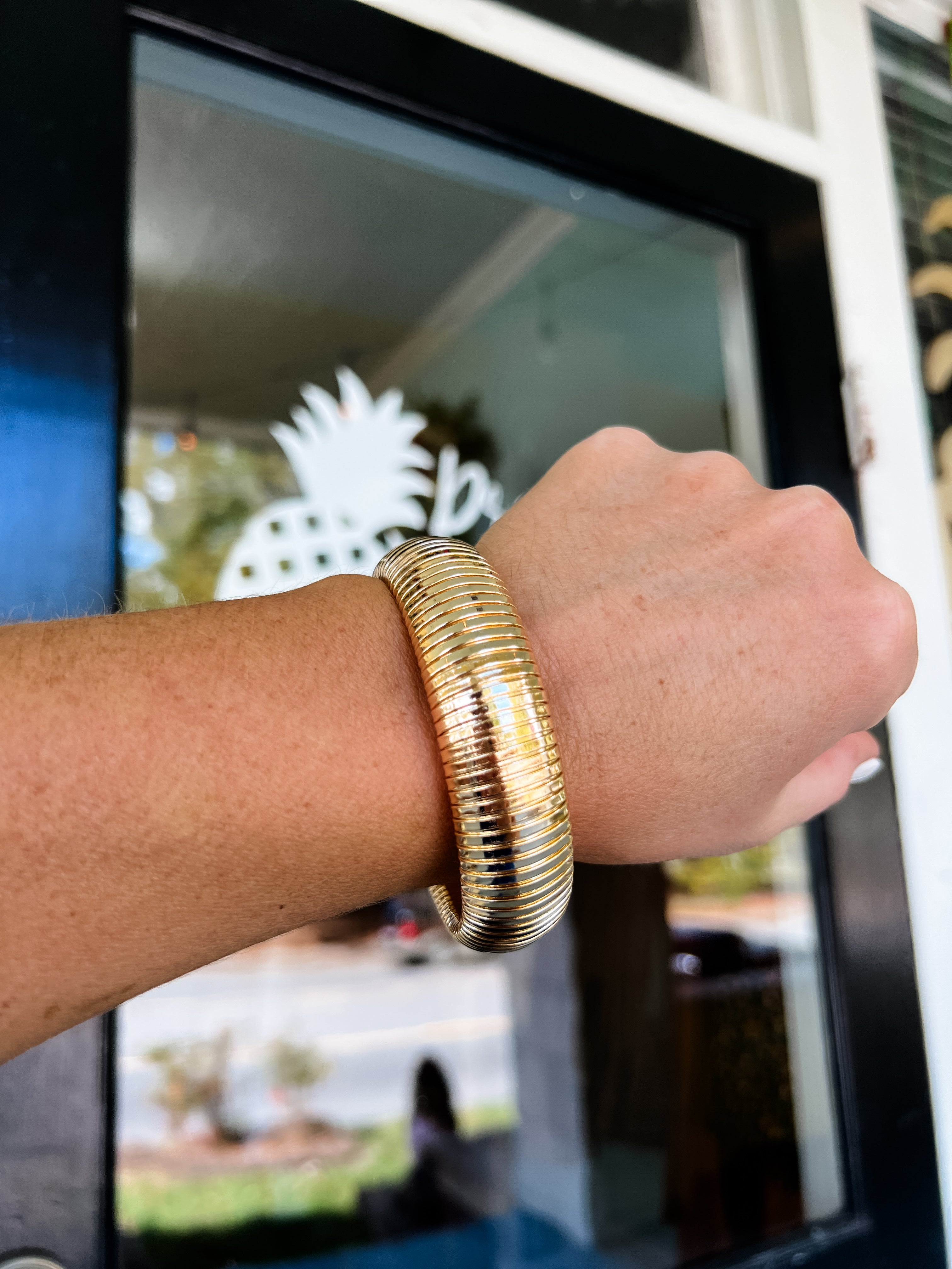 Metal Herringbone Bangle Bracelet- Gold