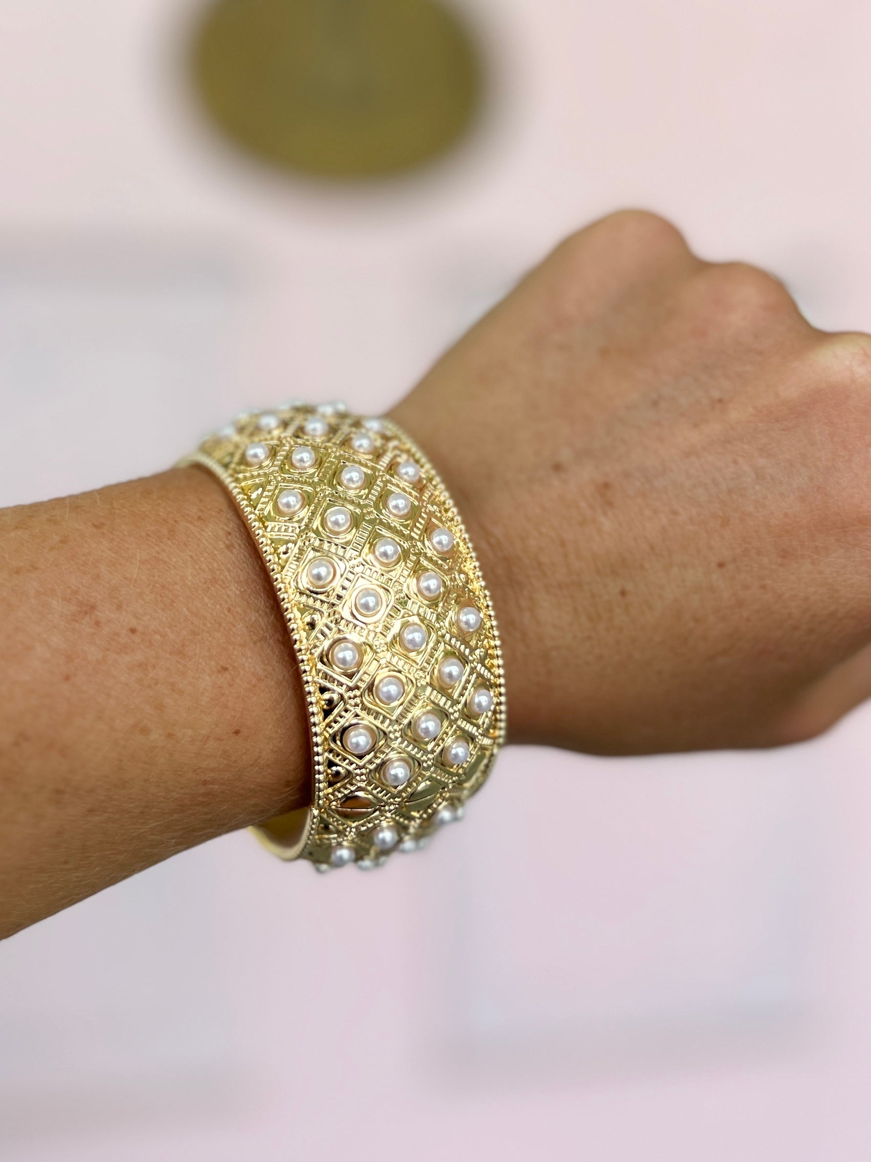 Pave Pearl Wide Bangle Bracelet