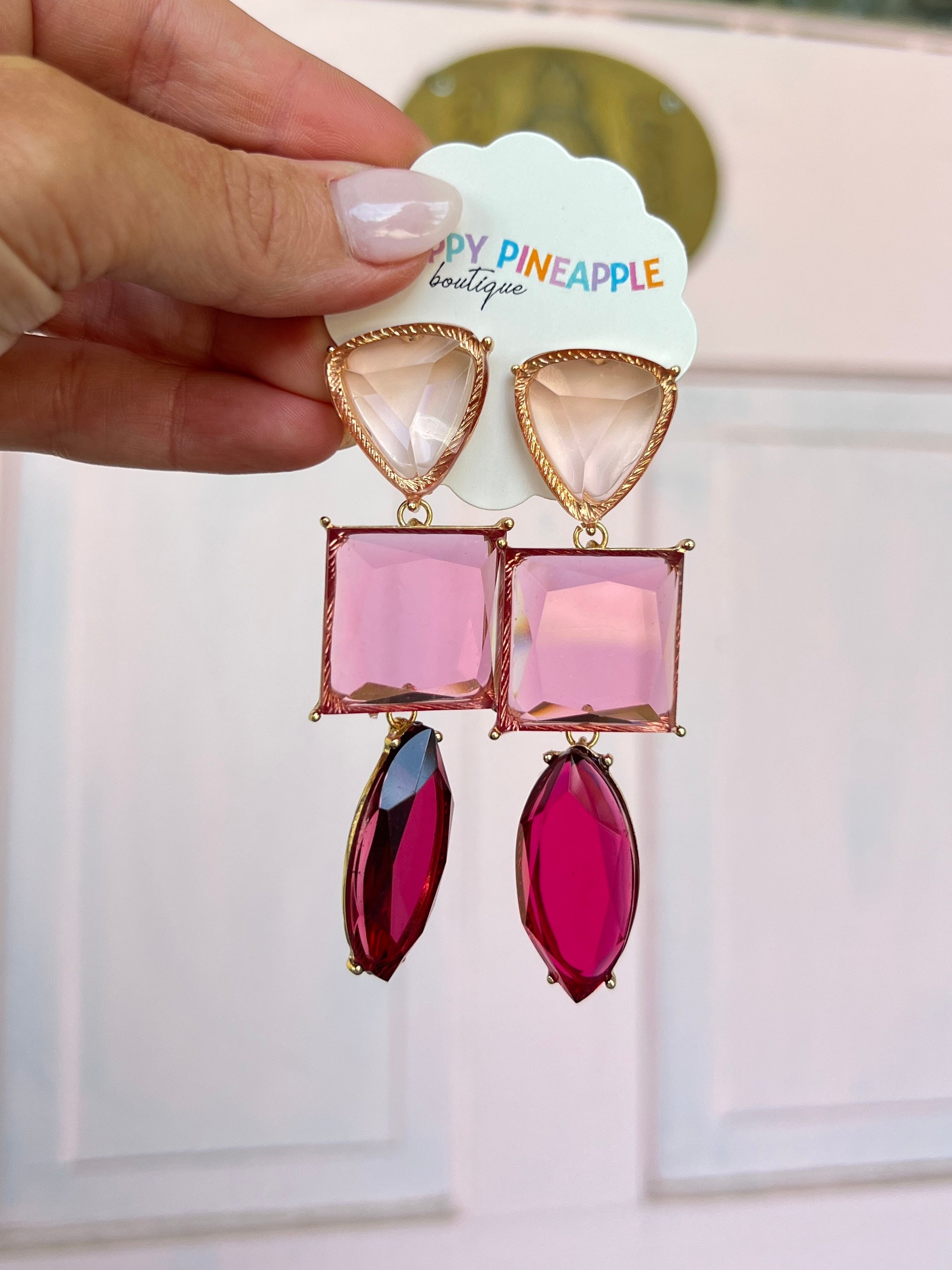 Color Mix Geometric Link Earrings - Pink/Fuchsia