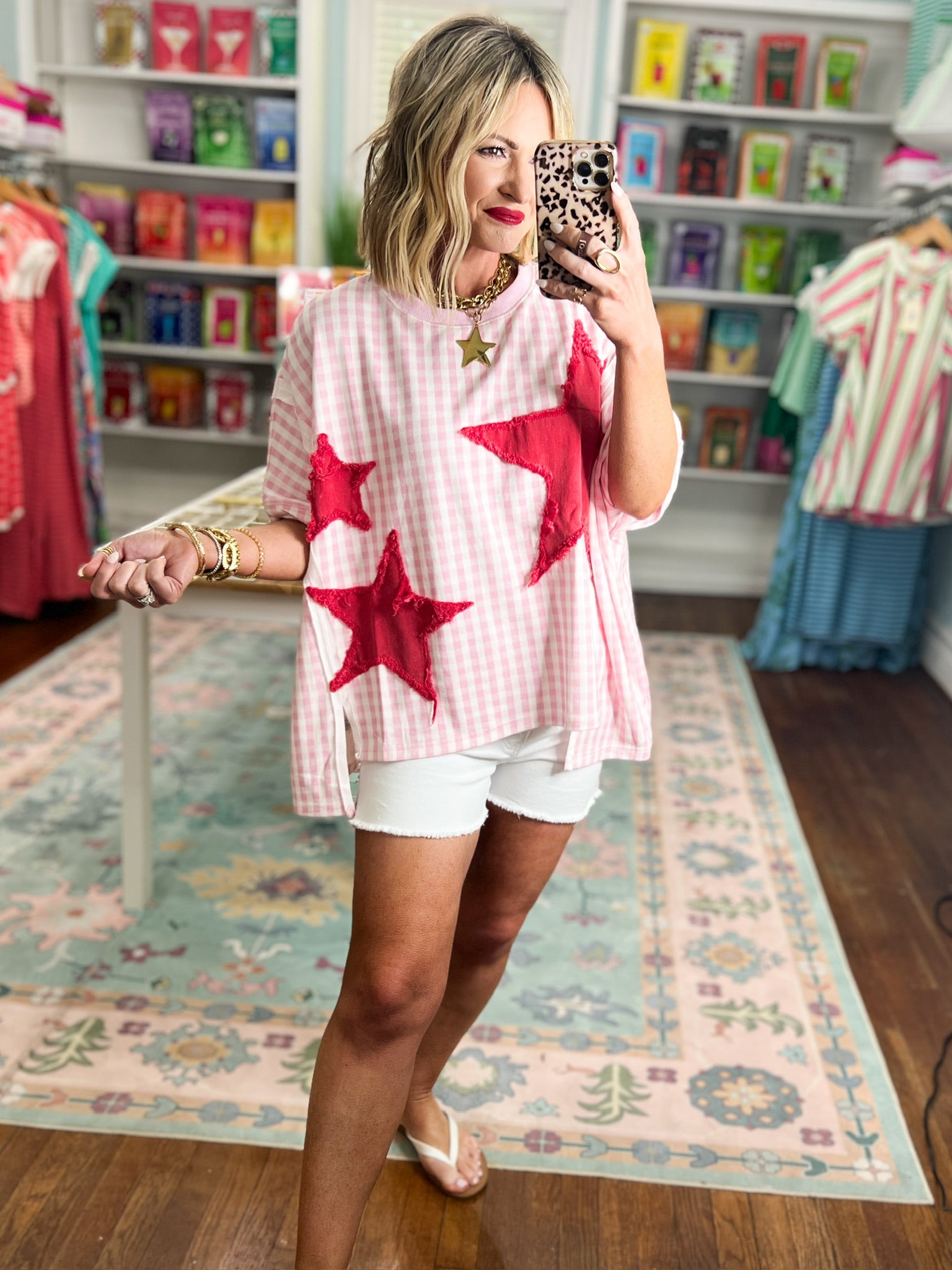 Firecracker Picnic Dolman Sleeve Top -Lt. Pink/Red