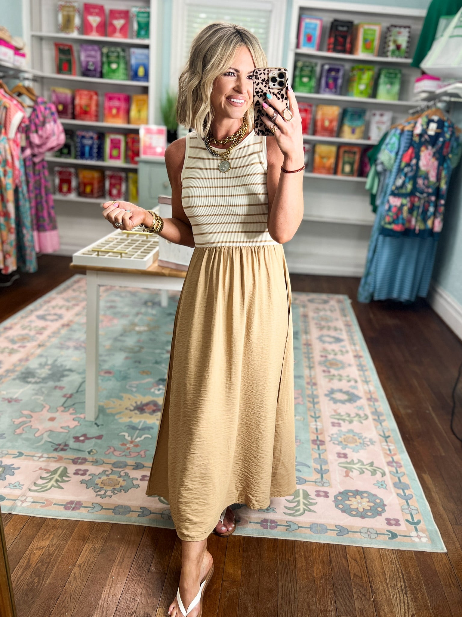 Let's See Mixed Media Midi Dress - Lt. Khaki