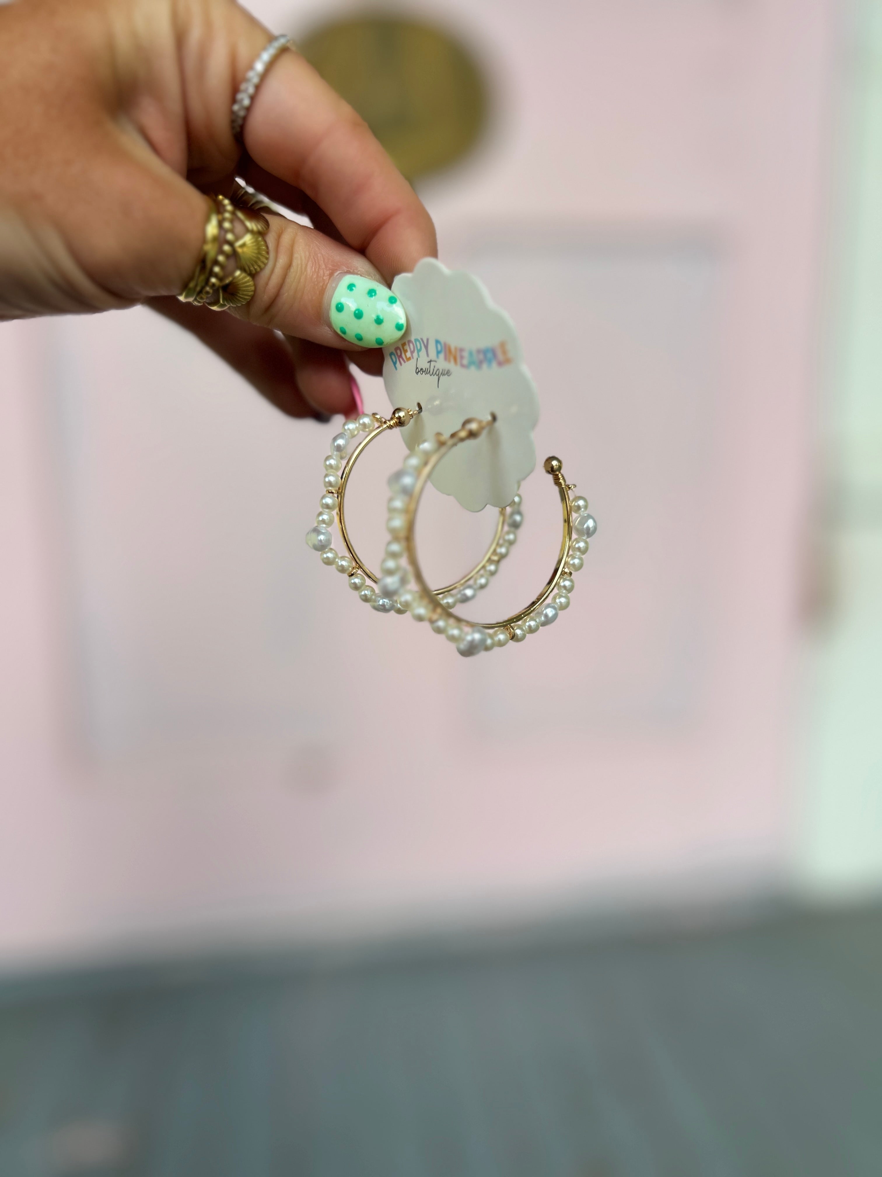 Pearl hoop earrings in gold tone with mint bead accent and pearl edging