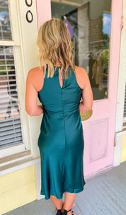 Glamorous Moments Satin Midi Dress - Dark Green