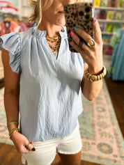 Simply Pretty Ruffled Mock Neck Top - Baby Blue