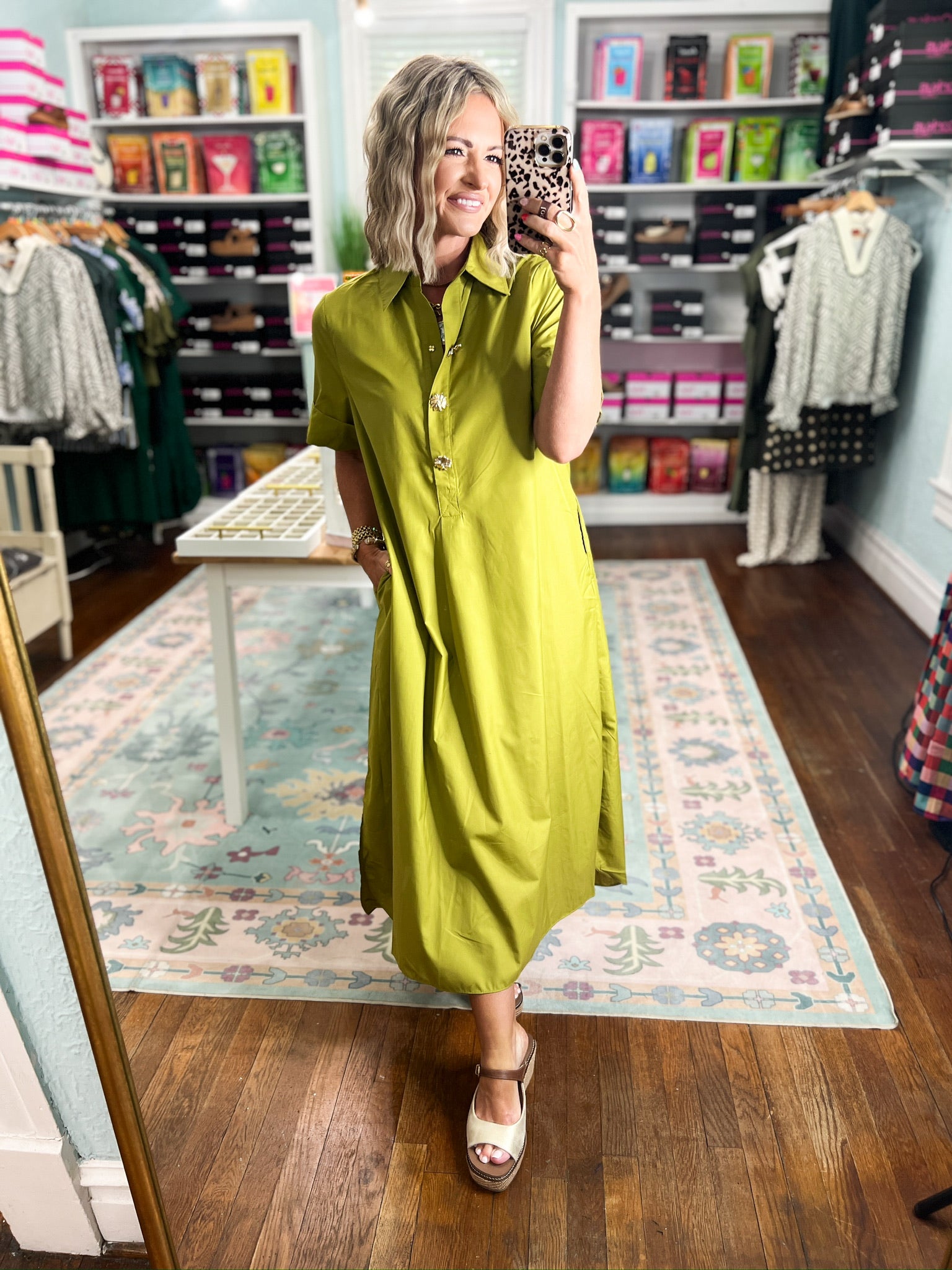 Martini olive midi shirt dress with short sleeves, collar, and center buttons