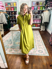 Martini olive midi shirt dress with short sleeves, collar, and center buttons