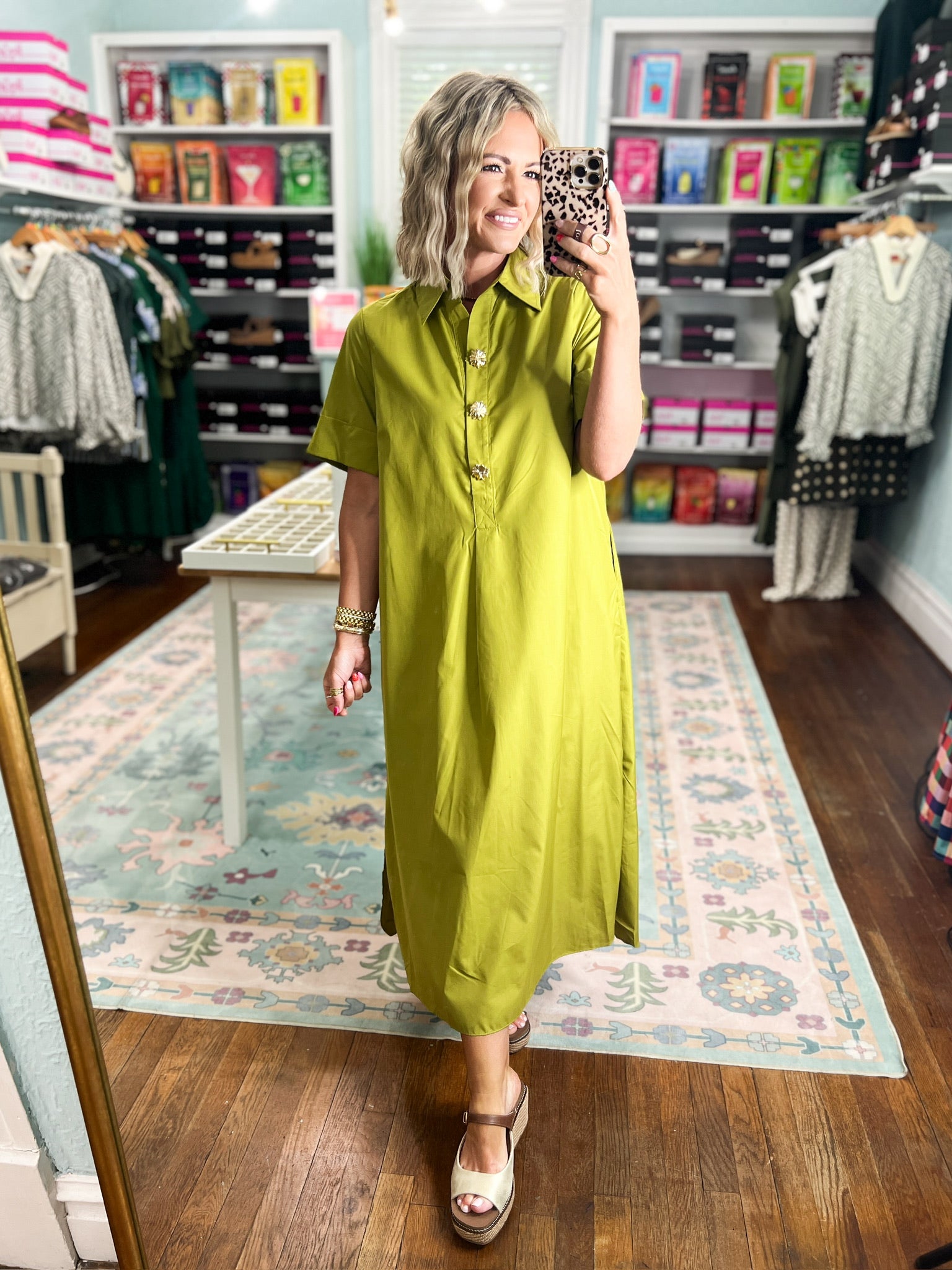 Martini olive midi shirt dress, short sleeves, collared neckline, button front