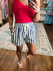 Just a Theory Striped Twill Mini Shorts - Navy