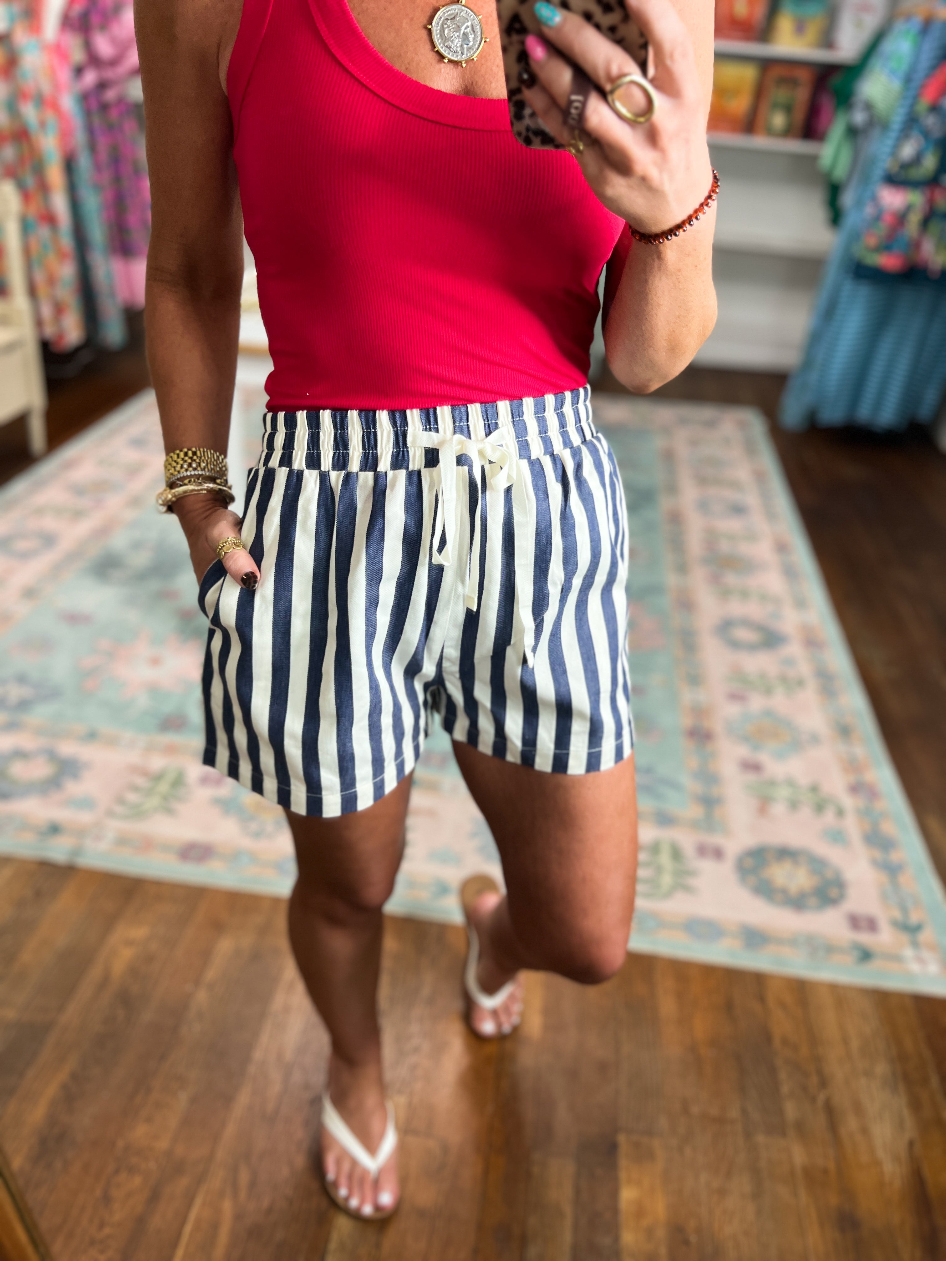 Just a Theory Striped Twill Mini Shorts - Navy