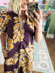 Golden Petals Floral Print Midi Dress