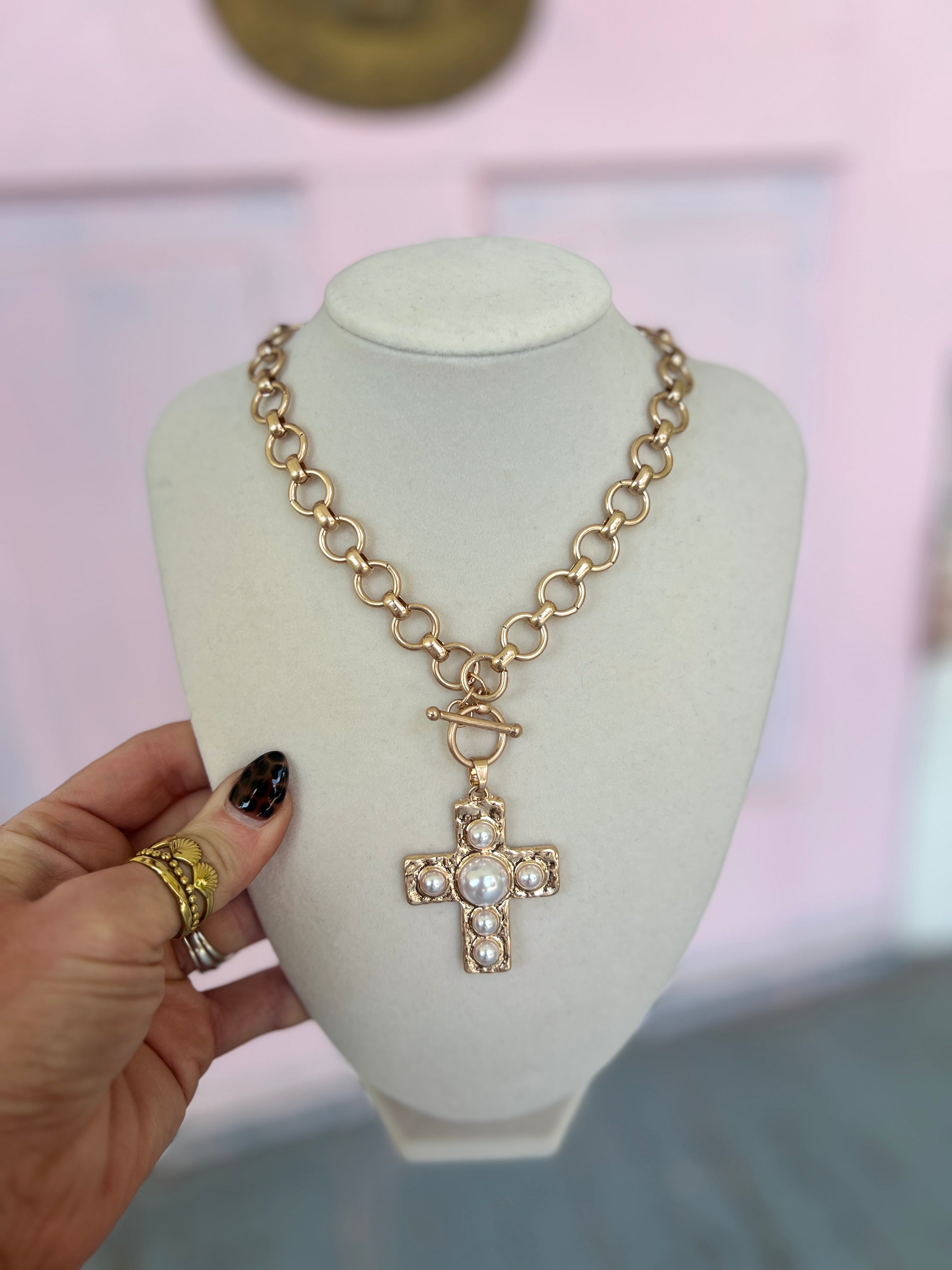 Cross and Linked Circle Chain Necklace