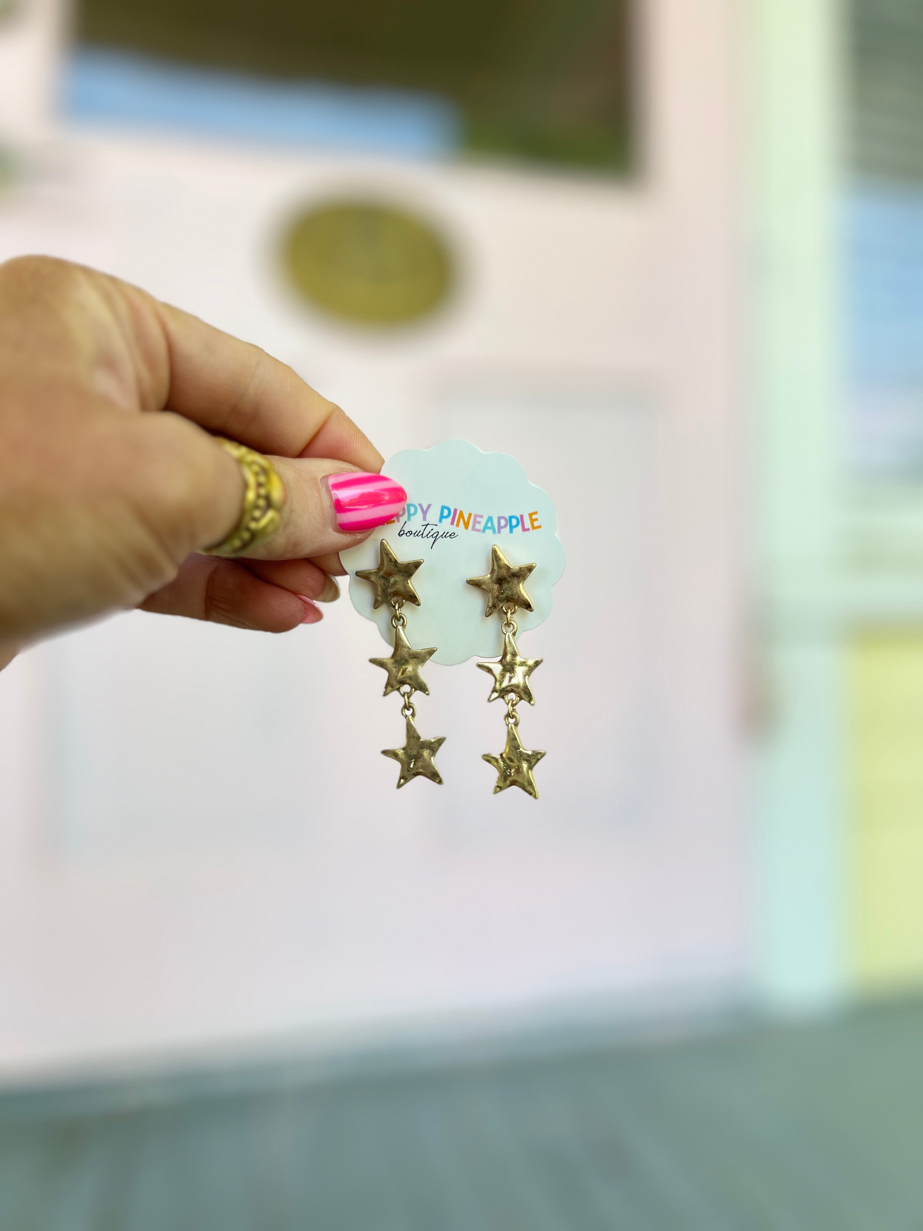Hammered Star 3 Drop Earrings