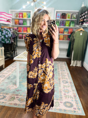 Golden Petals Floral Print Midi Dress