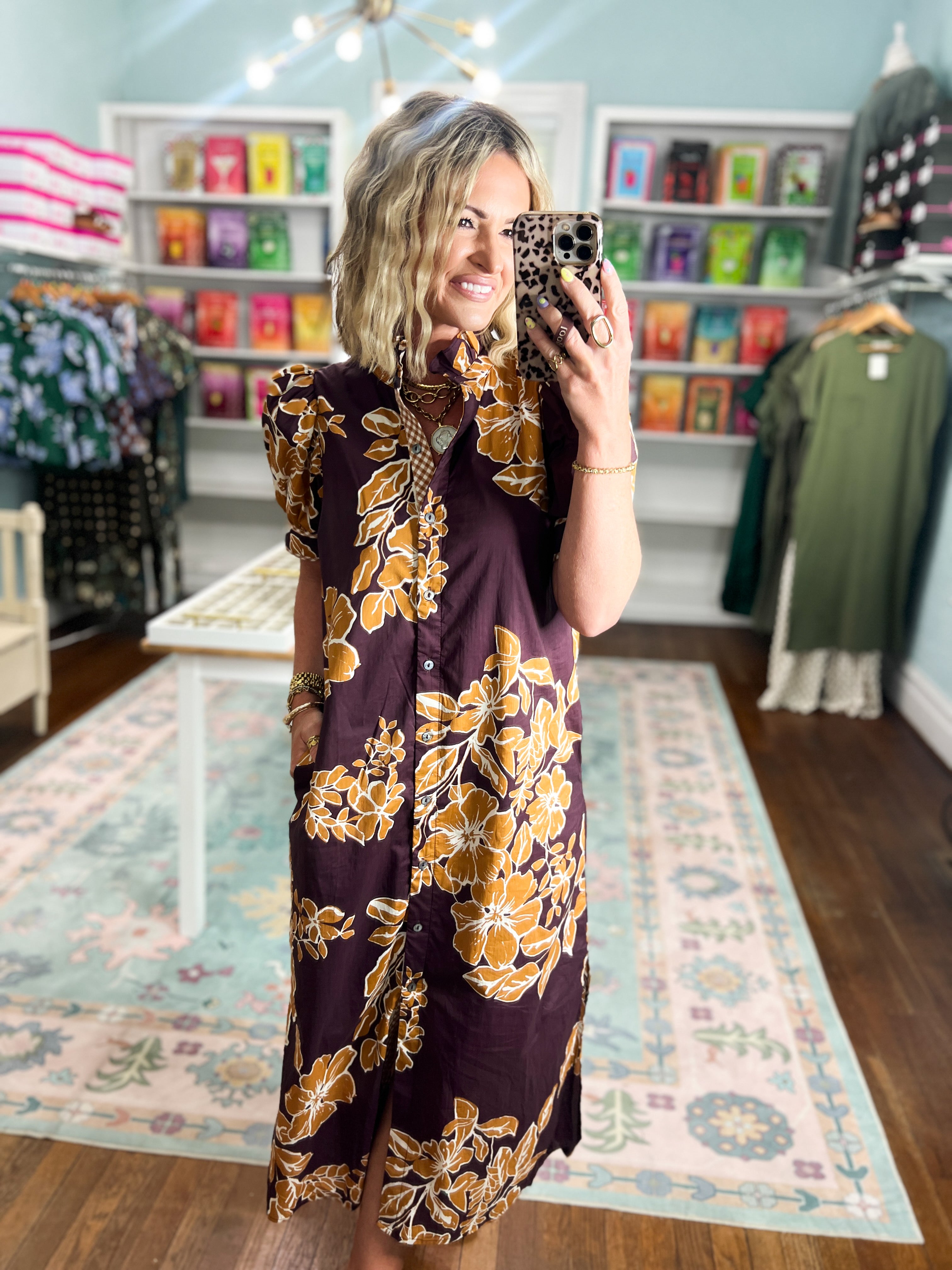 Golden Petals Floral Print Midi Dress