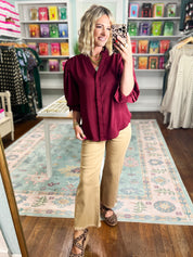 Visions of You  Balloon Sleeve Blouse - Burgundy