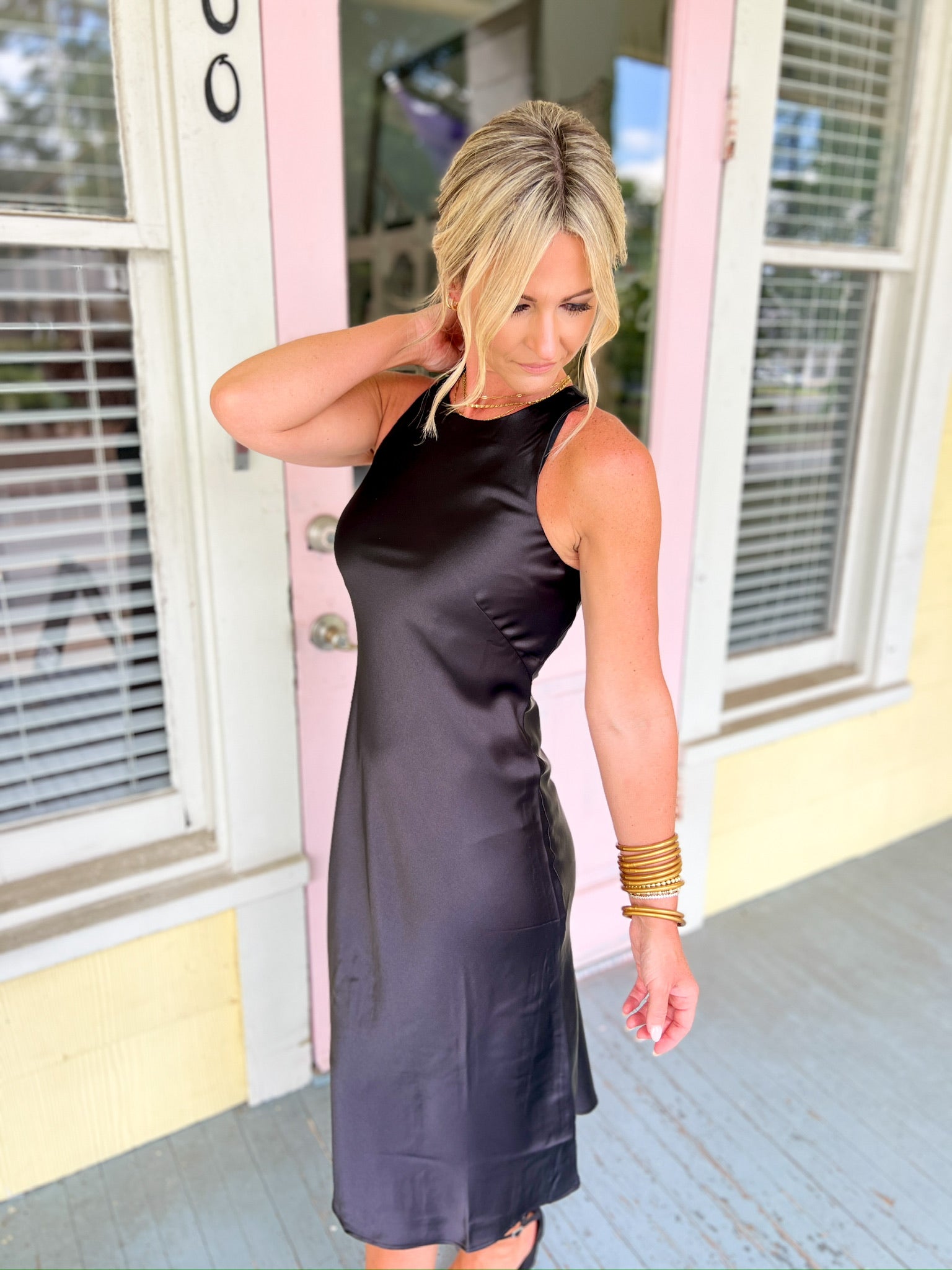 Glamorous Moments Satin Midi Dress - Black