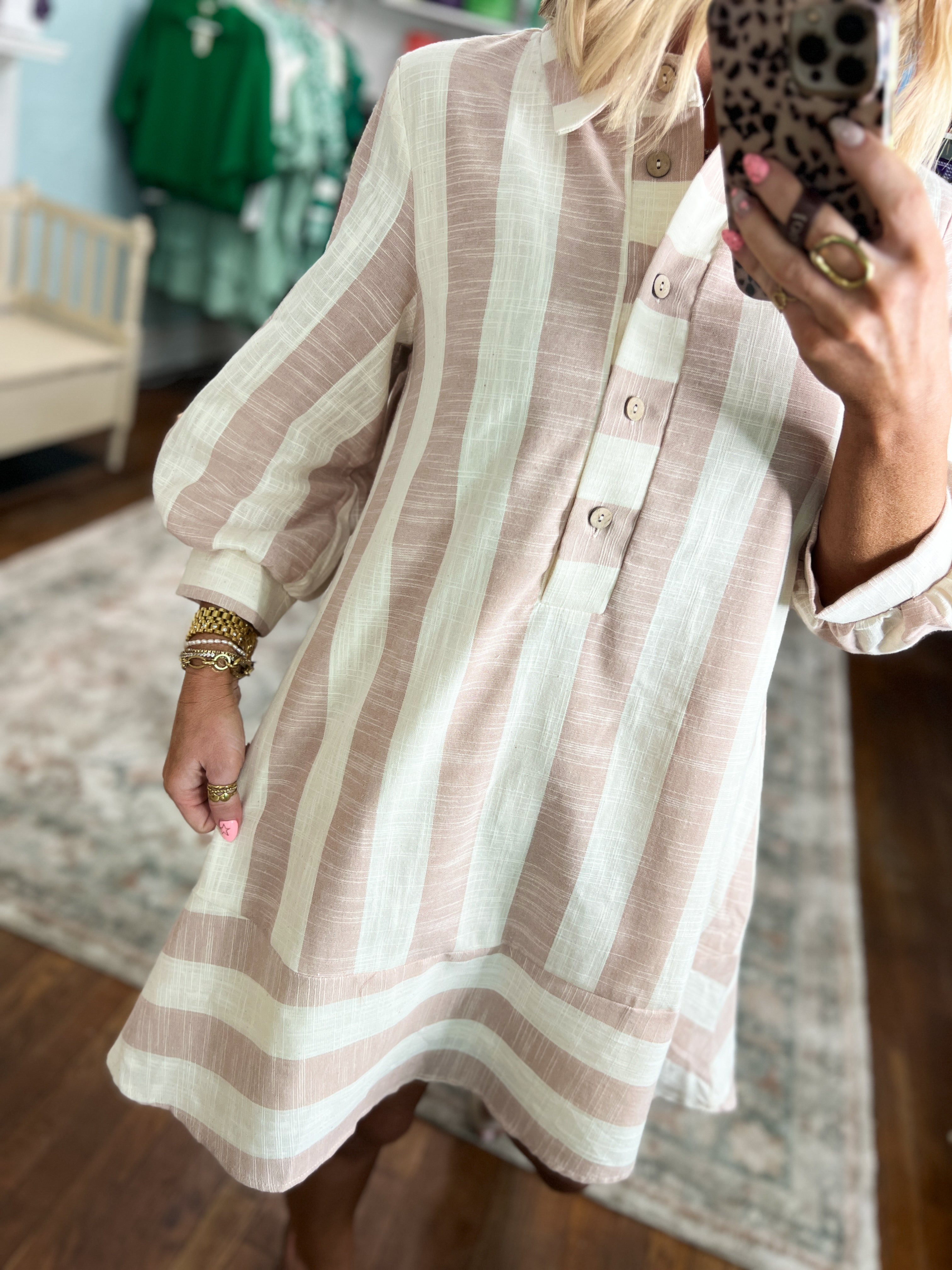 Slice of Happiness Striped Shirt Dress - Oatmeal/Taupe