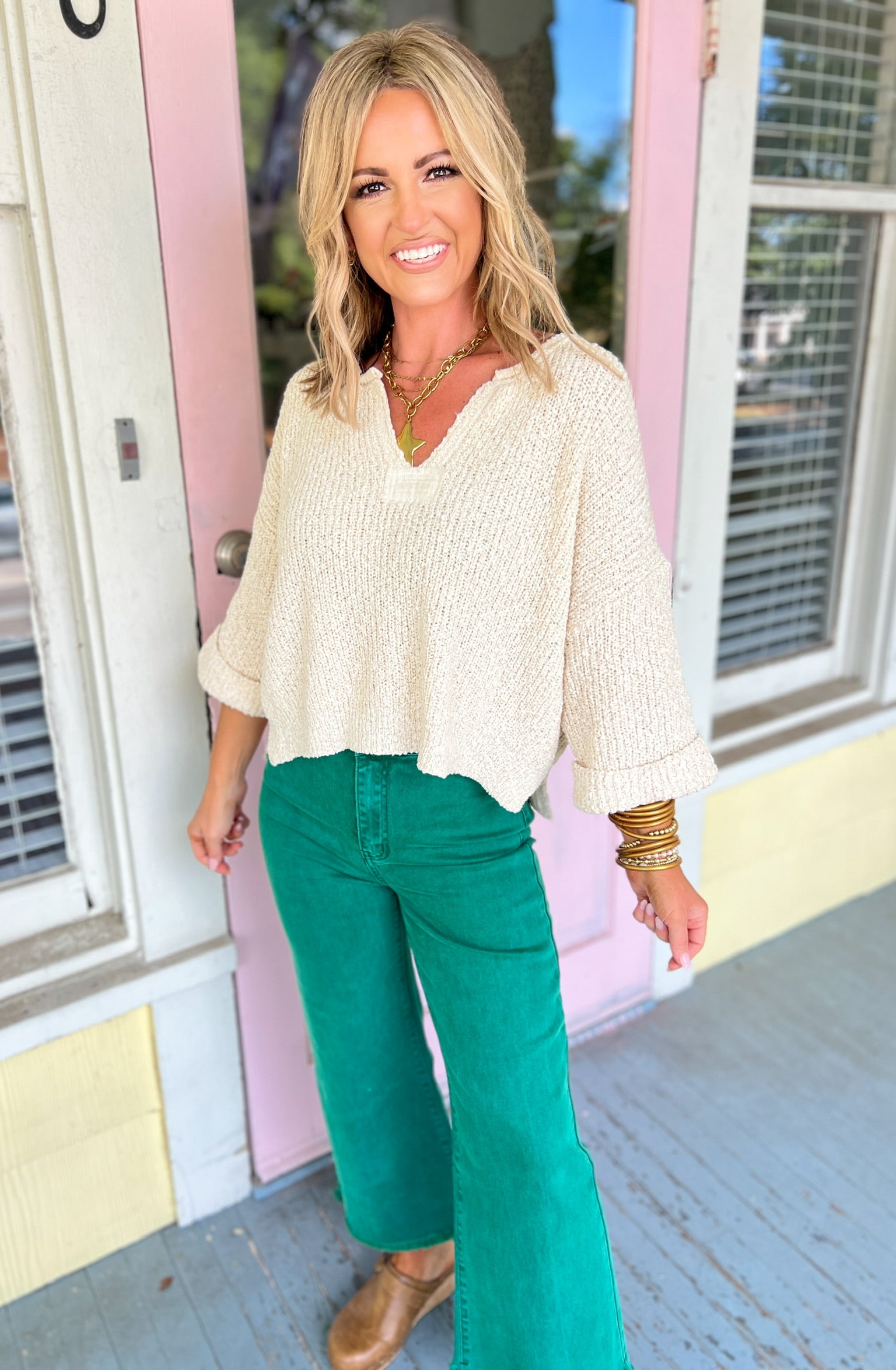 Speak Up Split Neck Sweater - Heather Beige