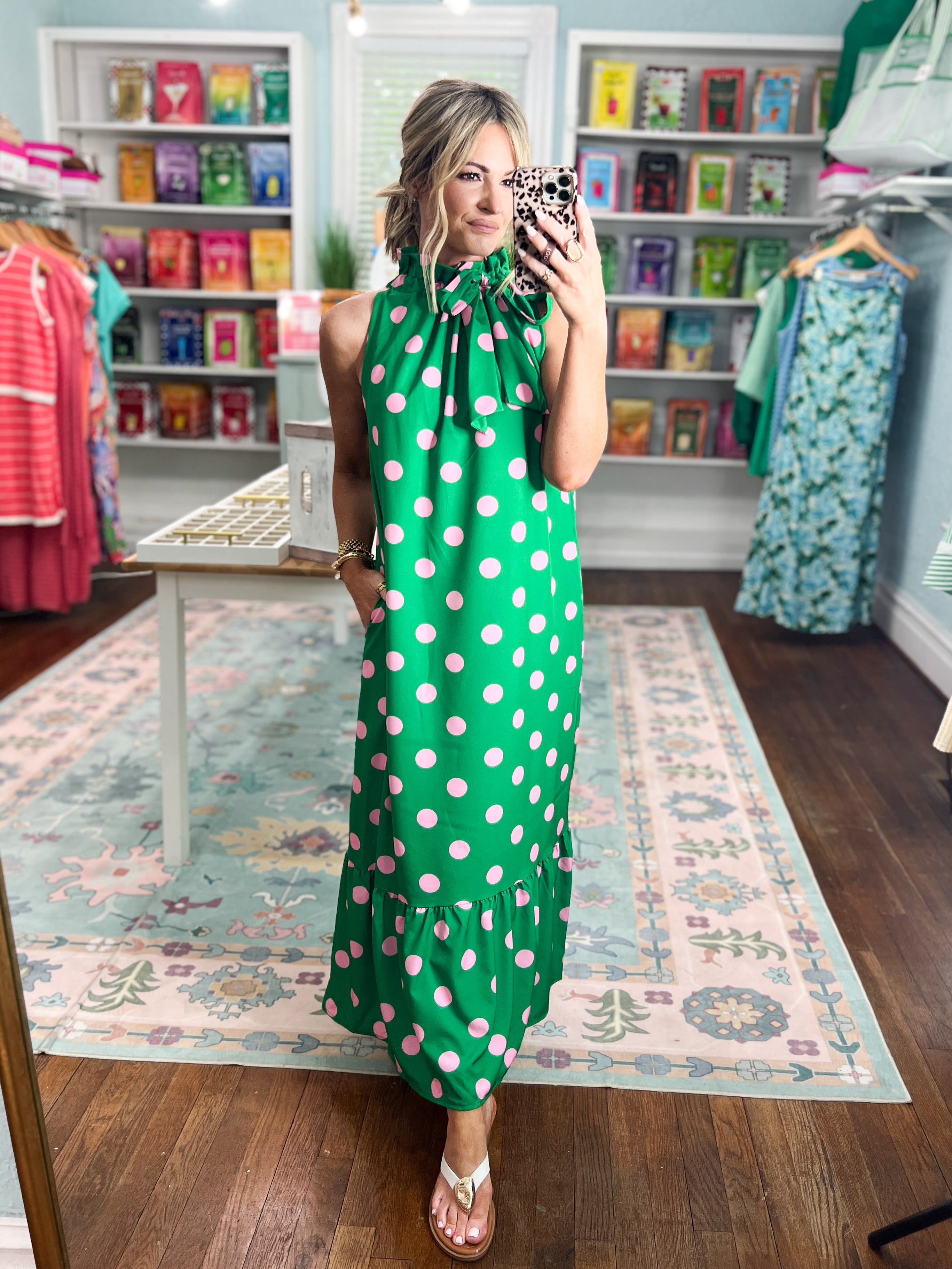 Pretty in Polka Maxi Dress - Green/Pink