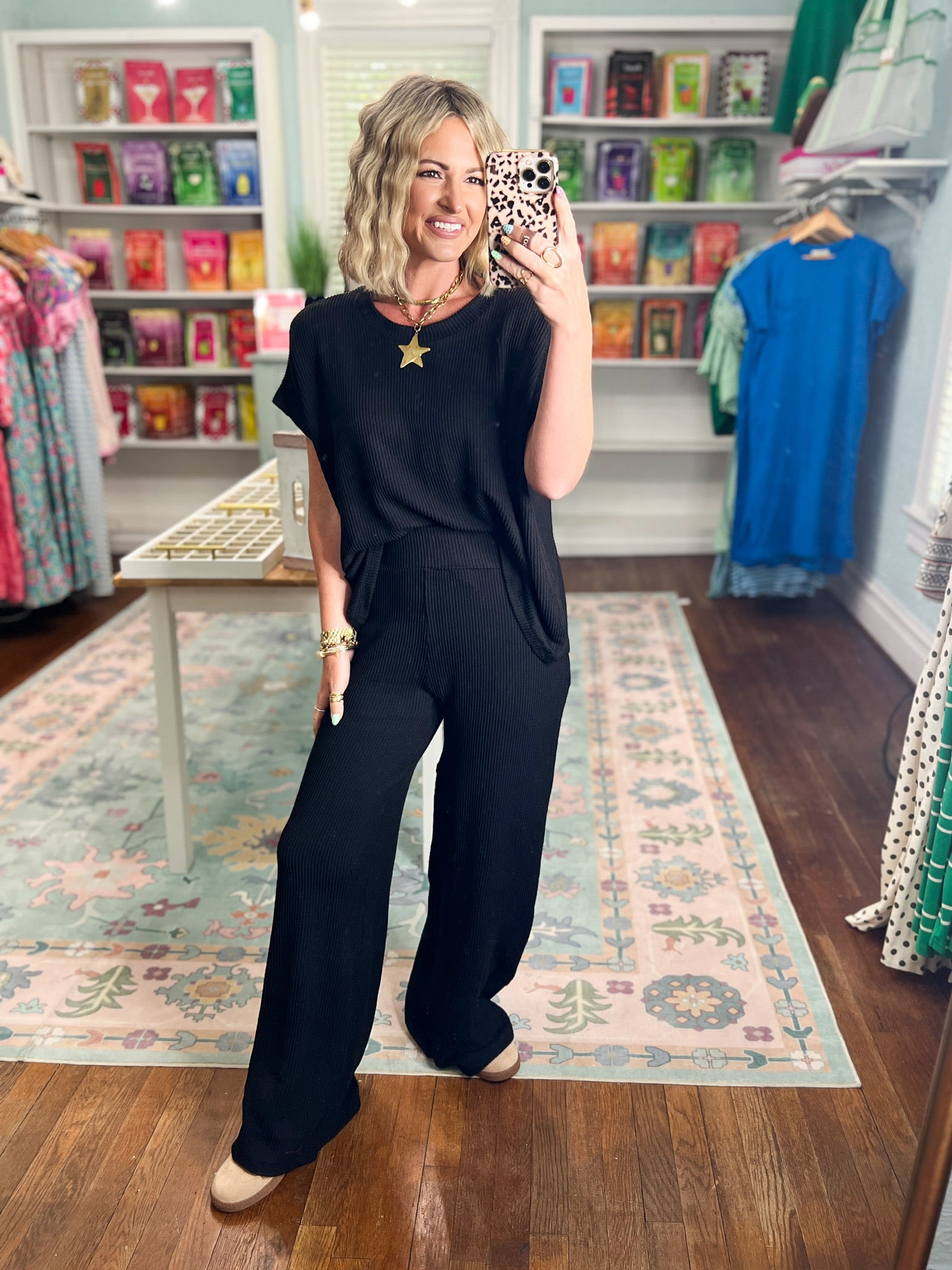 All Day Ease Ribbed Top and Pants Set - Black