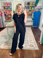 All Day Ease Ribbed Top and Pants Set - Black