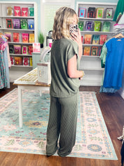 All Day Ease Ribbed Top and Pants Set - Olive