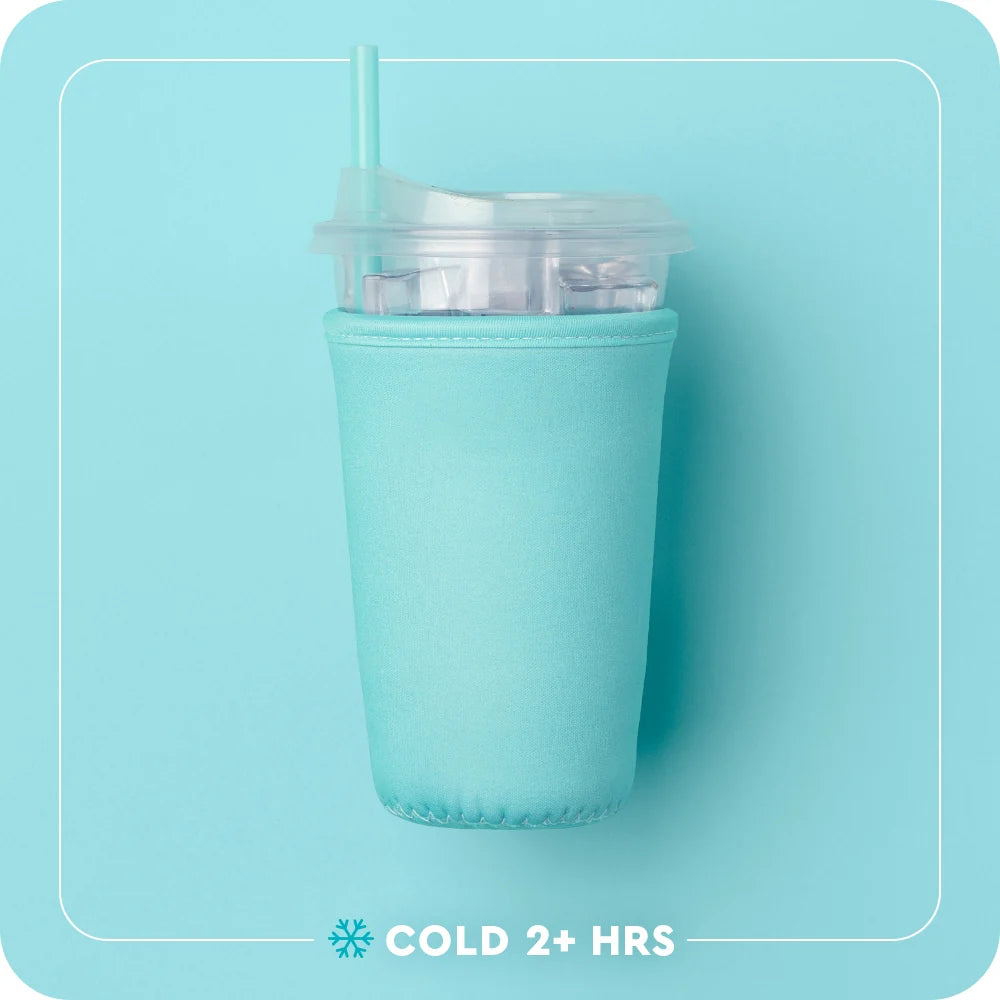 Swig iced cup coolie sleeve in teal, shown with cold 24 hrs insulation