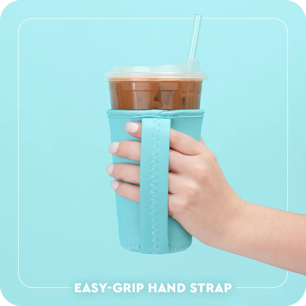 Swig iced cup cooler sleeve with light teal easy-grip hand strap