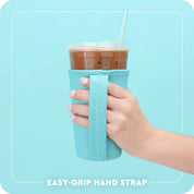 Swig iced cup cooler sleeve with light teal easy-grip hand strap